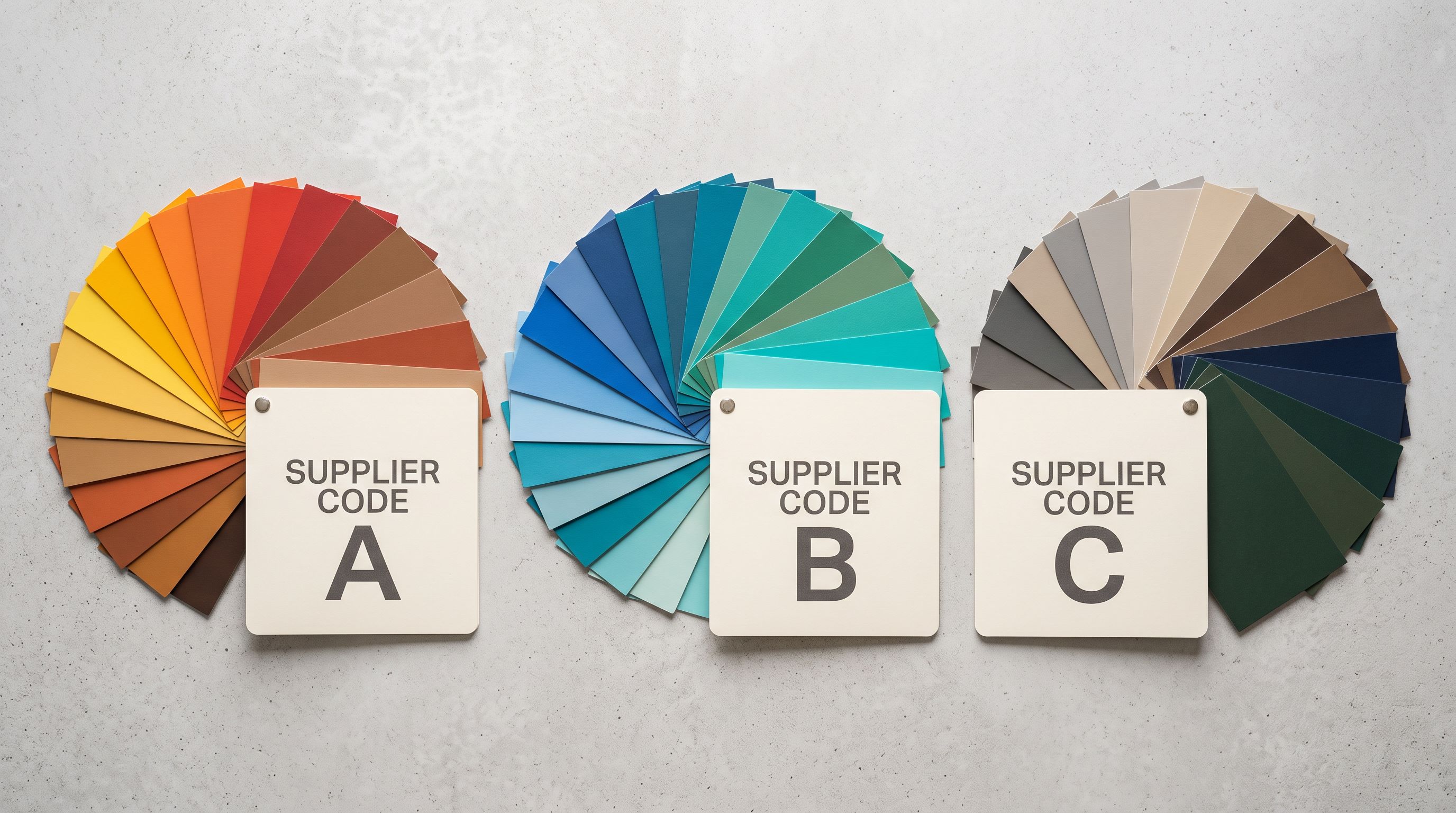 Three groups of product sample cards on a flat surface each separated by a supplier code divider card.