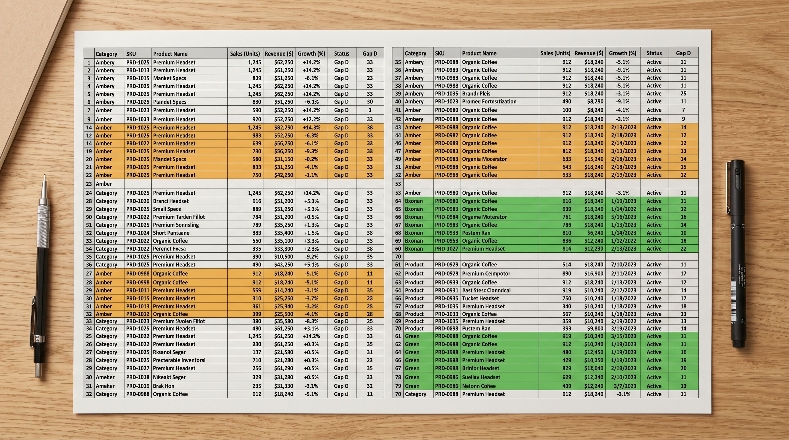 Printed data grid with amber and green highlighted rows representing sorted product catalogue analysis.