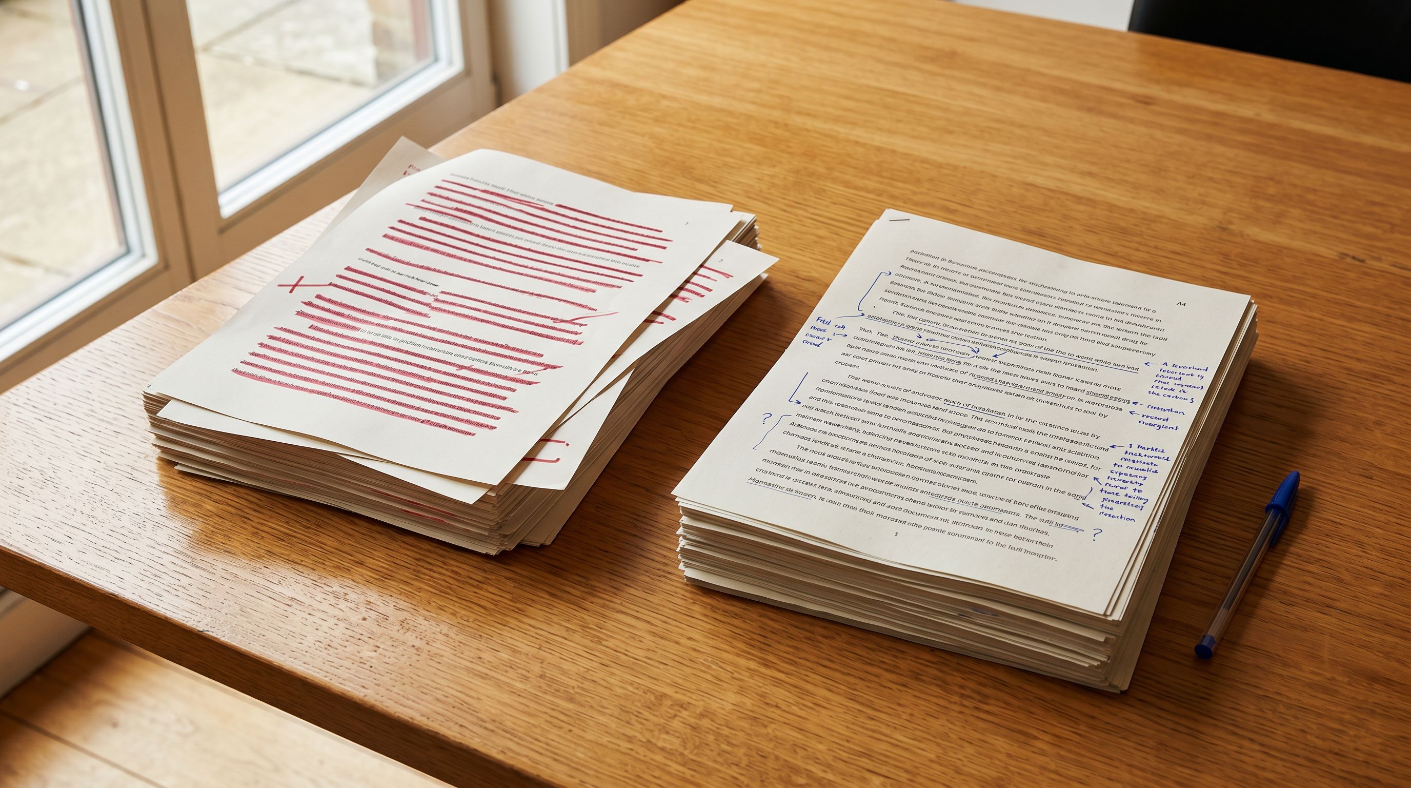 Two document stacks side by side, left with red strikethroughs and right with blue margin additions.