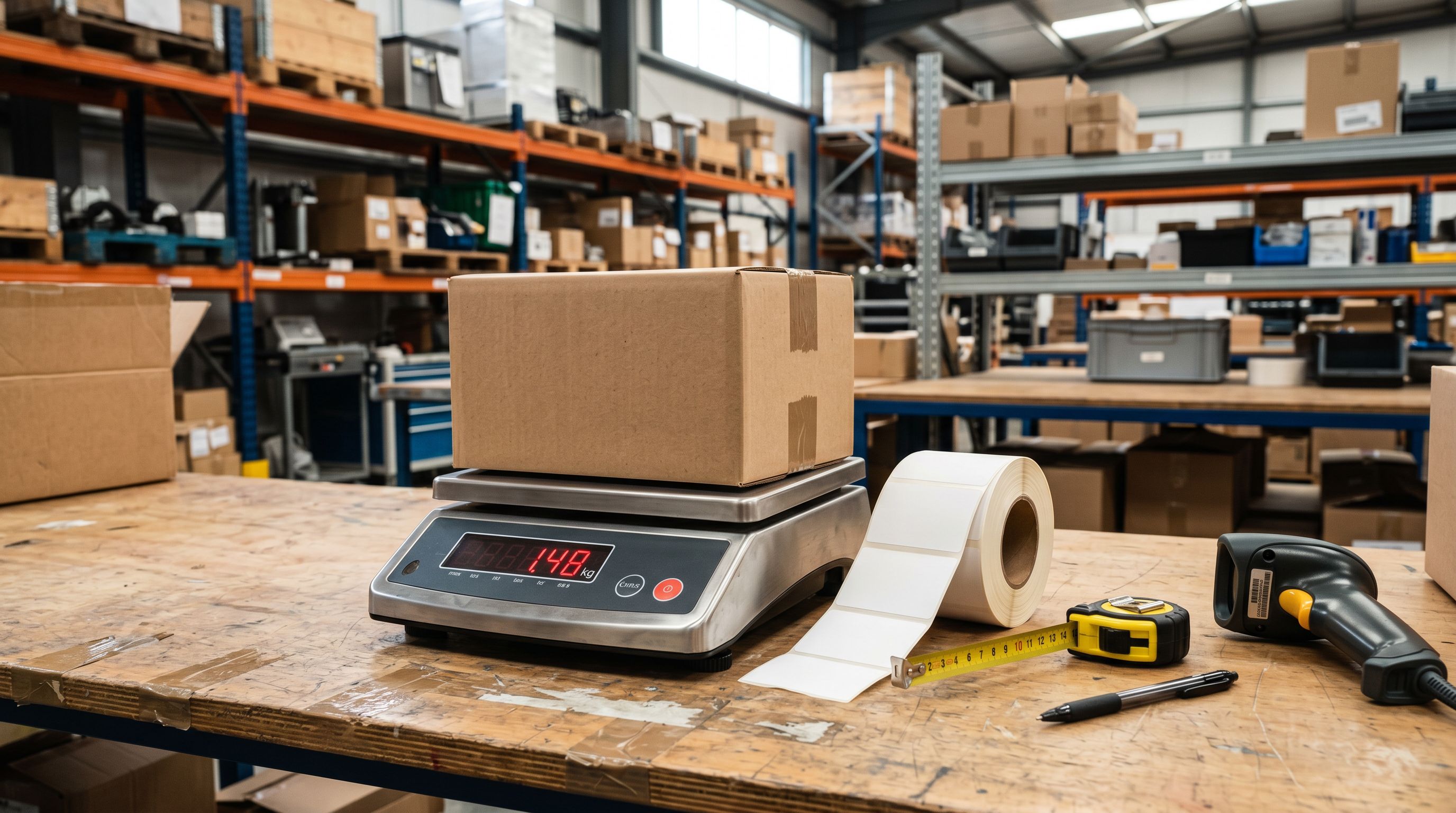 Postal weighing scale with product carton and barcode label roll representing product compliance data.