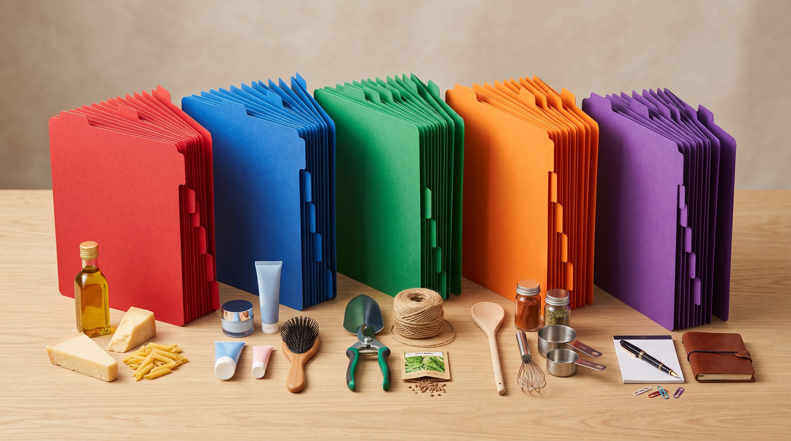 Colour-coded index dividers fanned with distinct product samples representing product taxonomy classification.