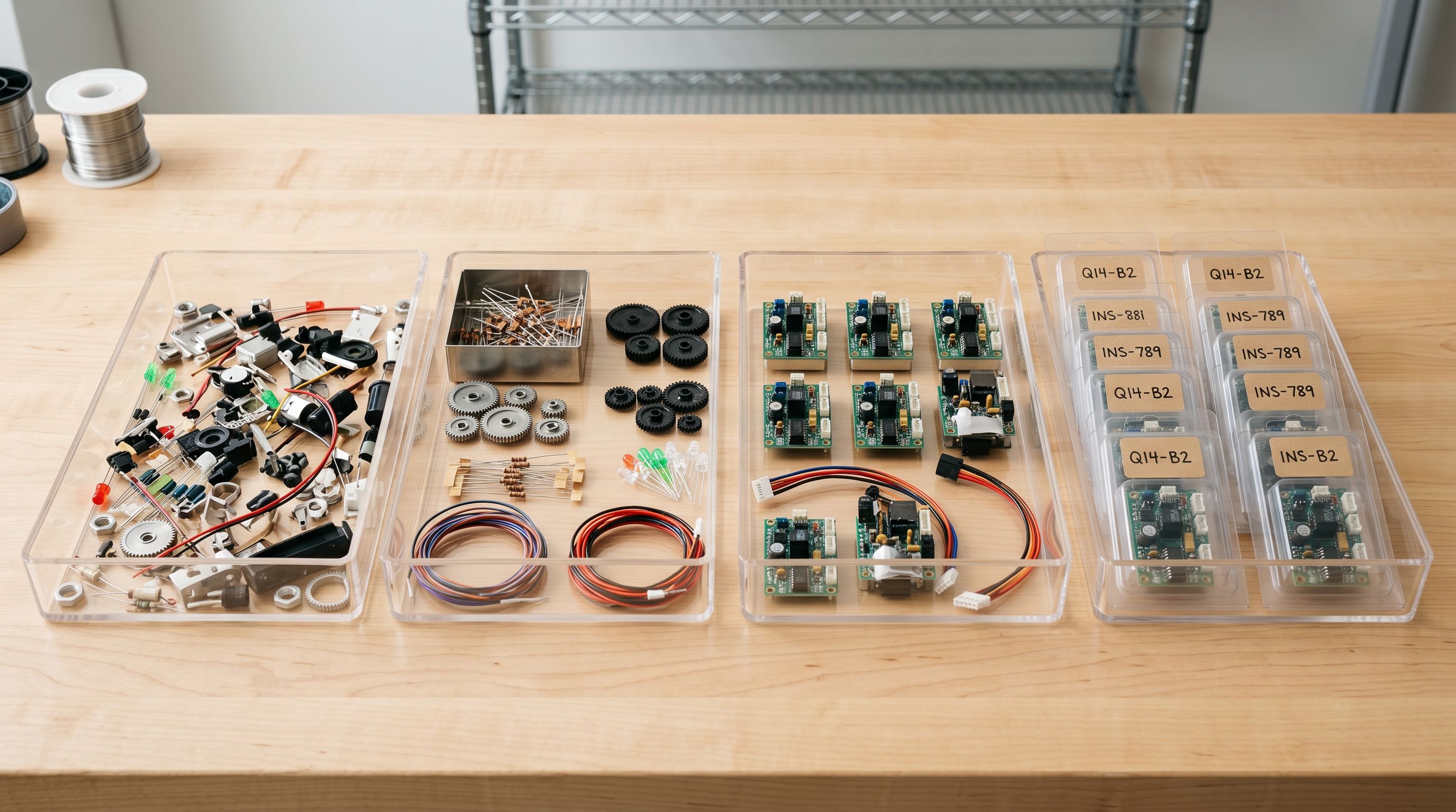 Four sequential processing trays with products at progressive stages of preparation on a workbench.