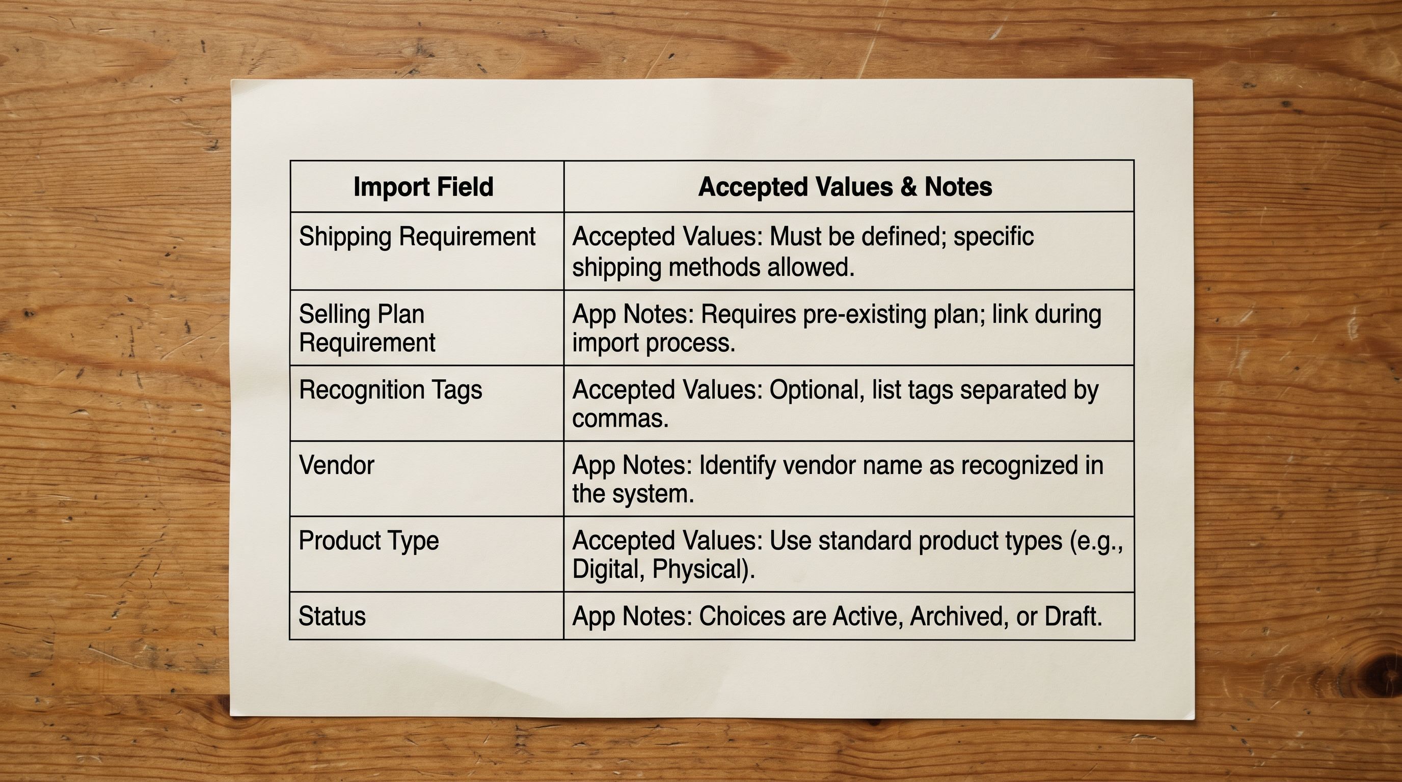 Printed subscription product import field reference table on a wooden desk showing six rows for requires shipping, selling plan requirement, recognition tags, vendor, product type, and status, each row containing the field name, the accepted values, and a note on which subscription apps read that field.
