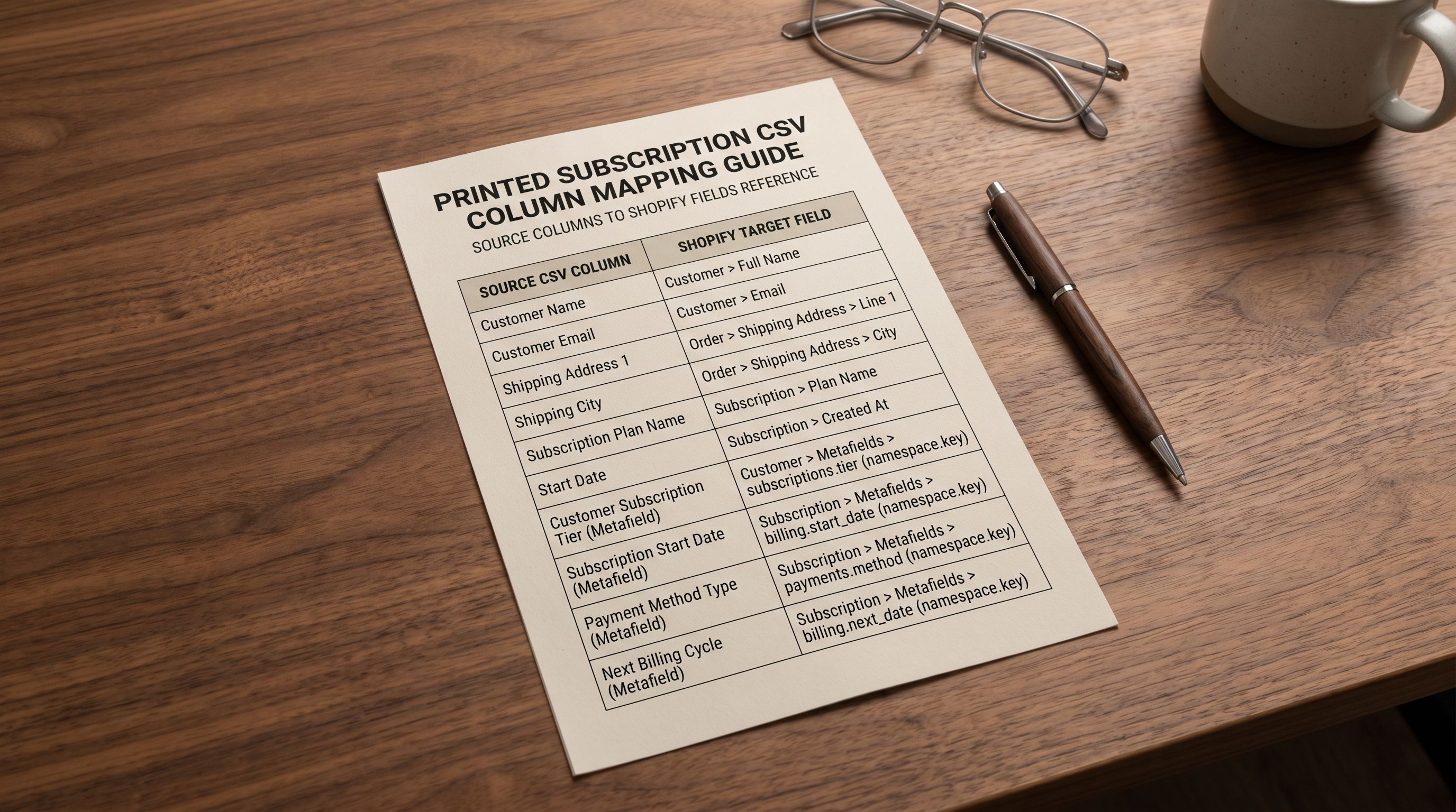 Printed subscription product description style comparison sheet on a wooden desk showing two sections labelled Benefits-First and Emotional Storytelling, each with a four-line example description beneath the label, a pencil underlining the recurring value phrase in each example description.