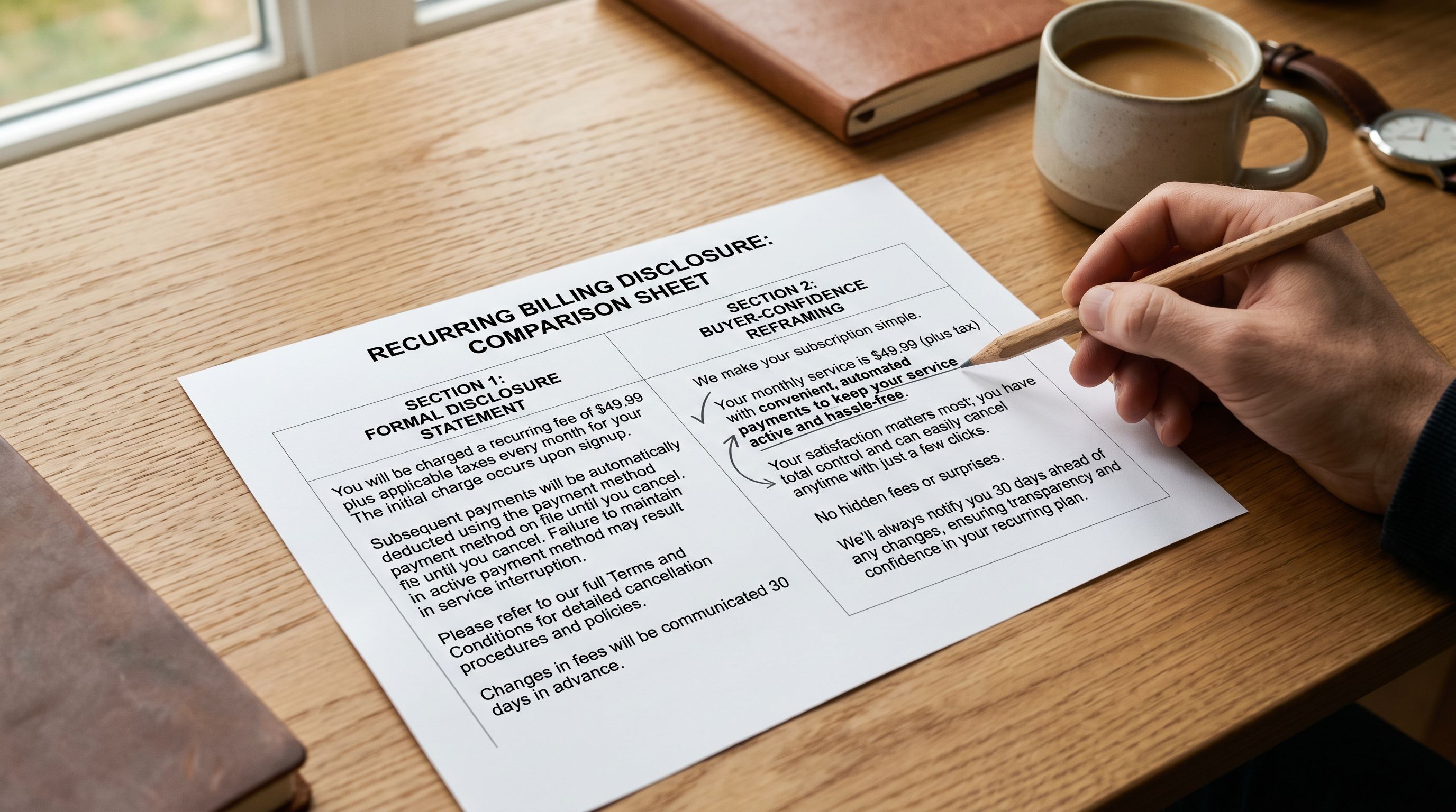 Printed recurring billing compliance text comparison sheet on a wooden desk showing two labelled sections, the left containing a three-line legalistic disclosure and the right containing a buyer-confidence framing of the same terms, a pencil underlining the key phrase in the right section.