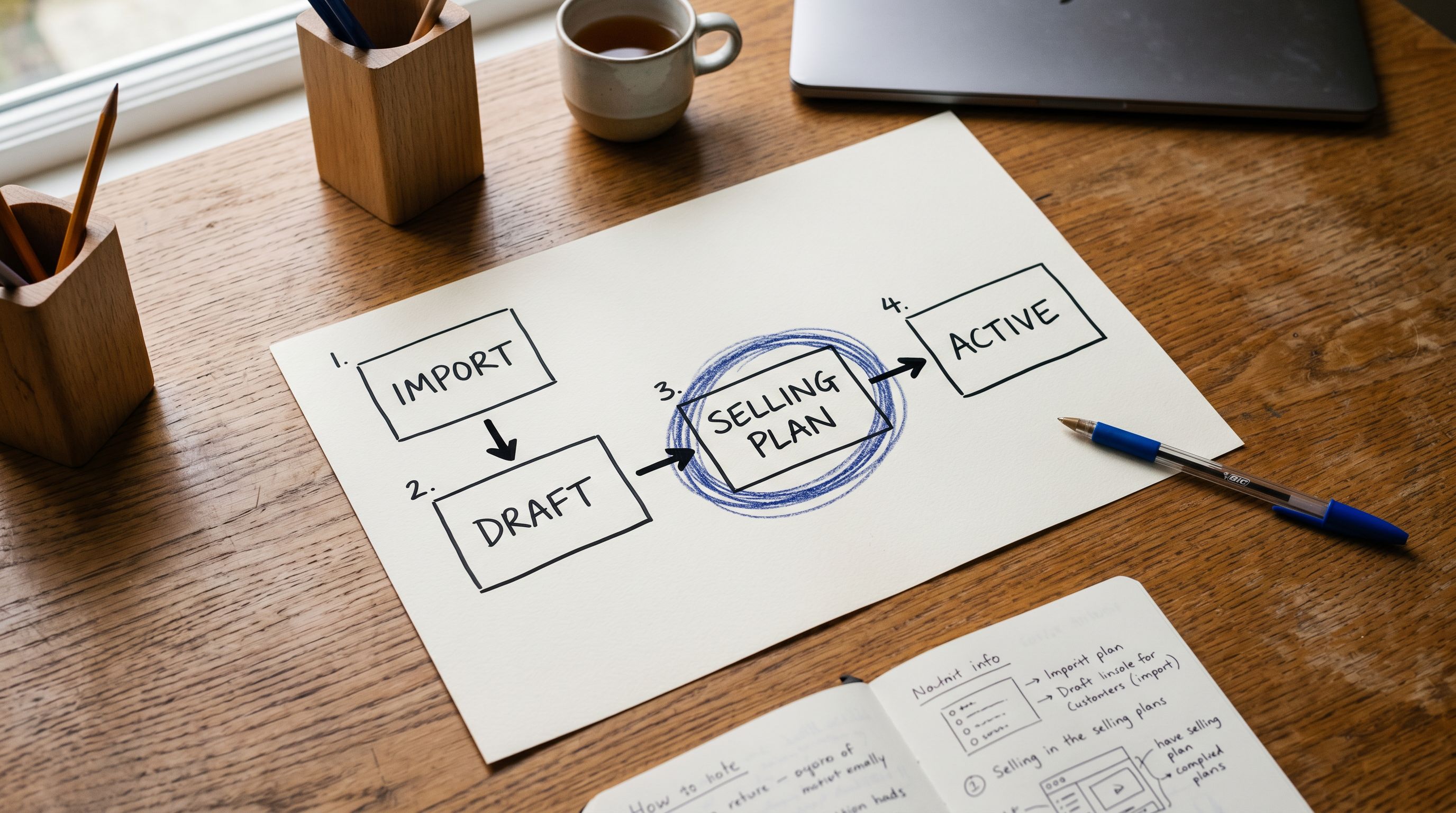 Printed subscription app selling plan assignment workflow diagram on a wooden desk showing four steps from import to draft to selling plan assignment to active, each step in a labelled box connected by arrows, a pencil circling the selling plan assignment step as the one done outside Importier.