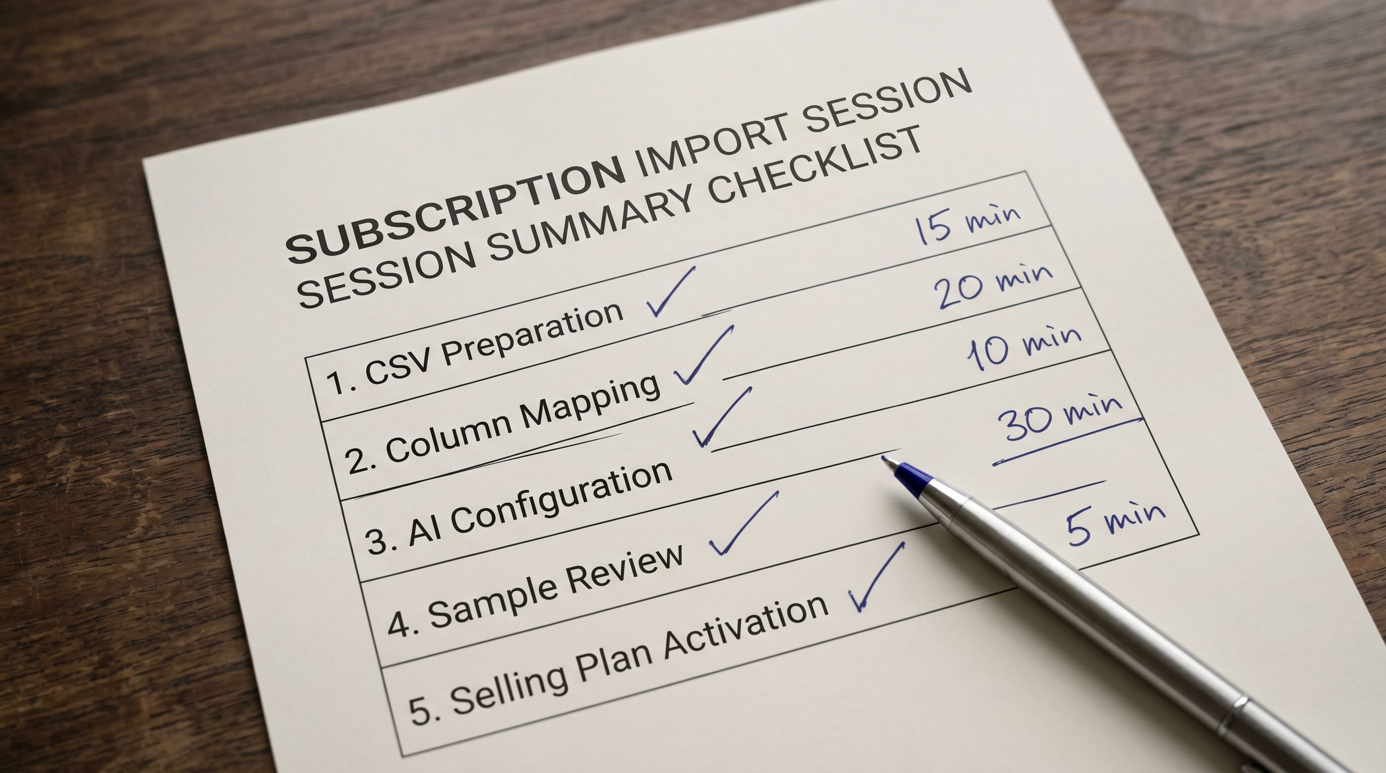 Printed subscription product import session summary table on a wooden desk showing five rows for CSV preparation, column mapping, AI configuration, sample review, and post-import activation, each row with a time estimate and a completed tick beside it.
