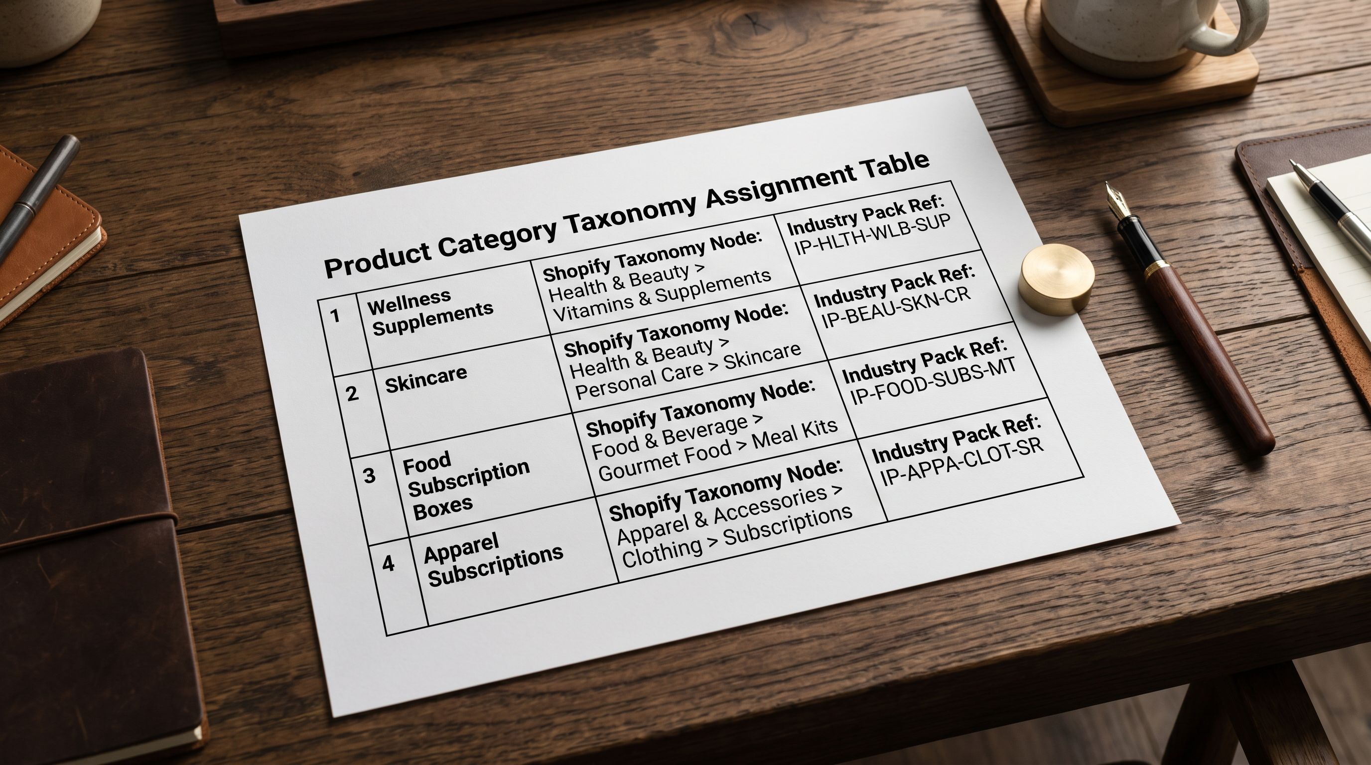 Printed subscription product category taxonomy assignment reference on a wooden desk showing four rows for wellness supplement, skincare, food subscription, and apparel subscription, each row with the correct Shopify taxonomy node written beside it and a tick indicating the Industry Pack that provides the mapping.