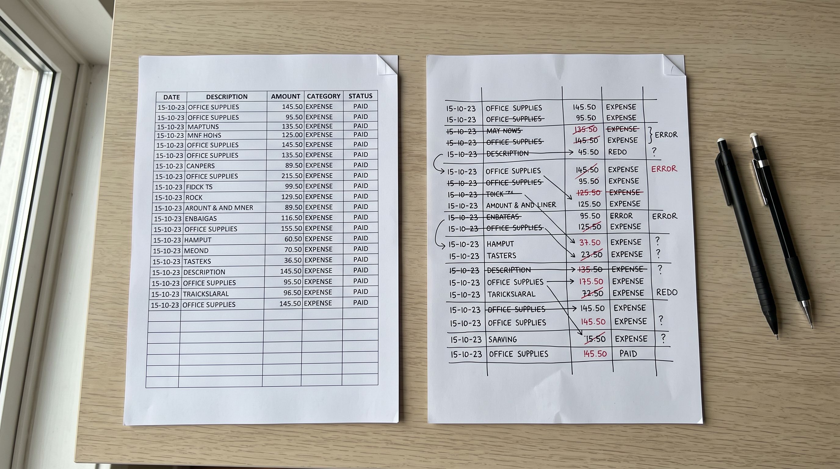 Two printed spreadsheet documents side by side on a white desk, one with organised labelled columns and the other with mismatched corrections.