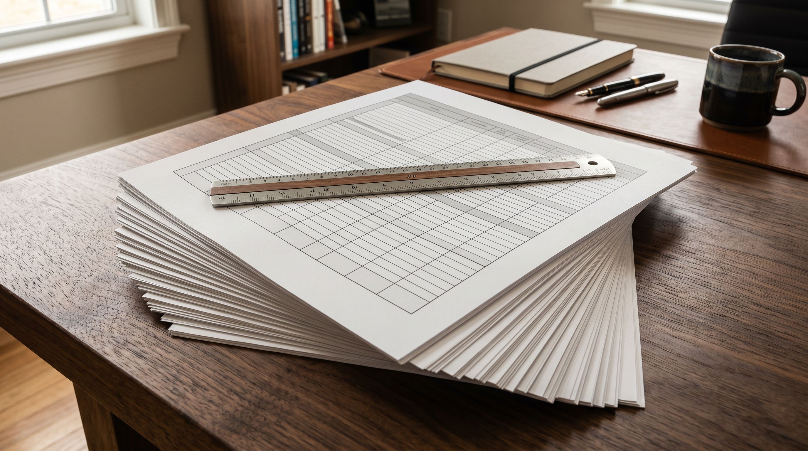 A stack of printed document pages fanned out on a desk showing a table with rows and columns, a ruler laid across the top.