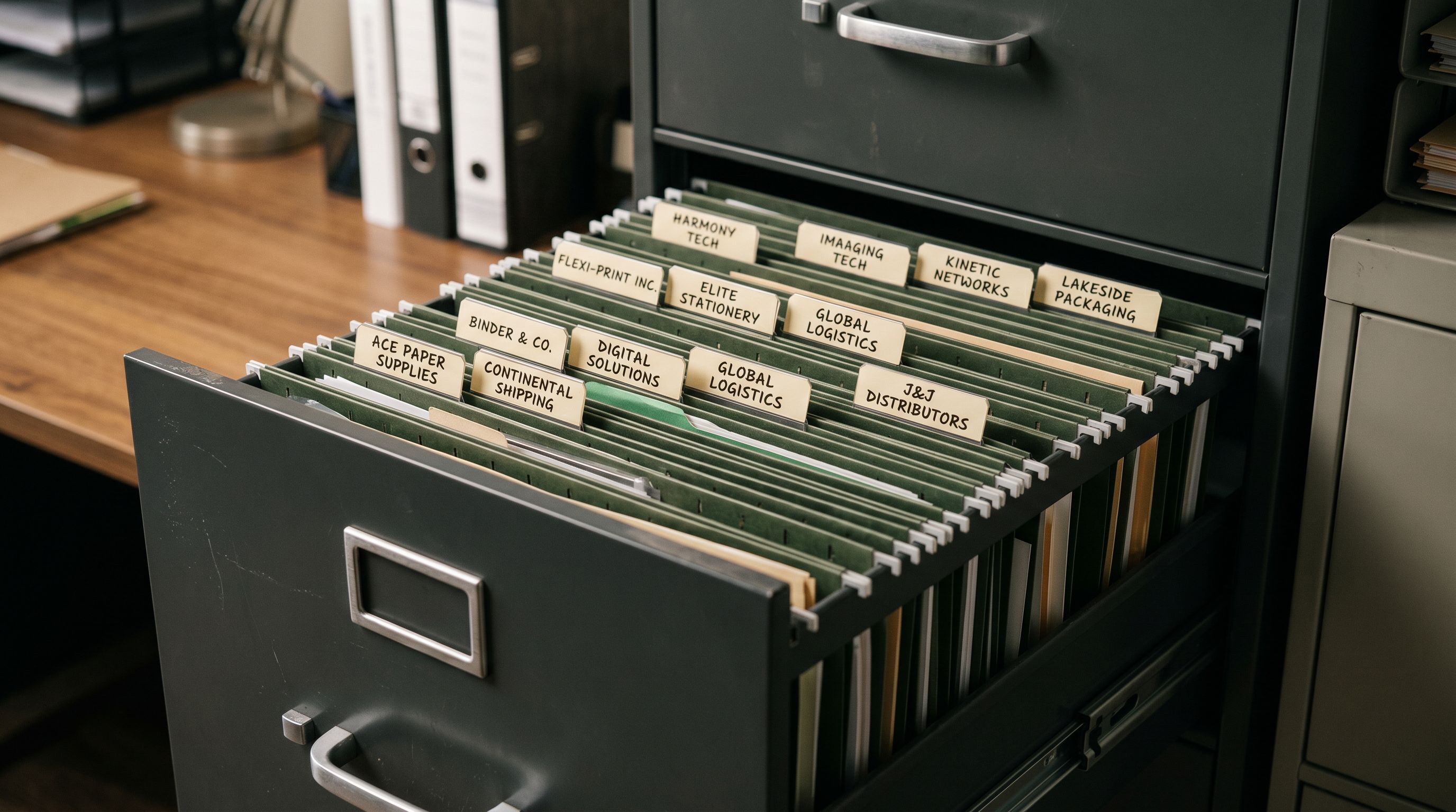A filing cabinet drawer half-open with labelled hanging folders visible inside, each folder tab representing a different supplier.