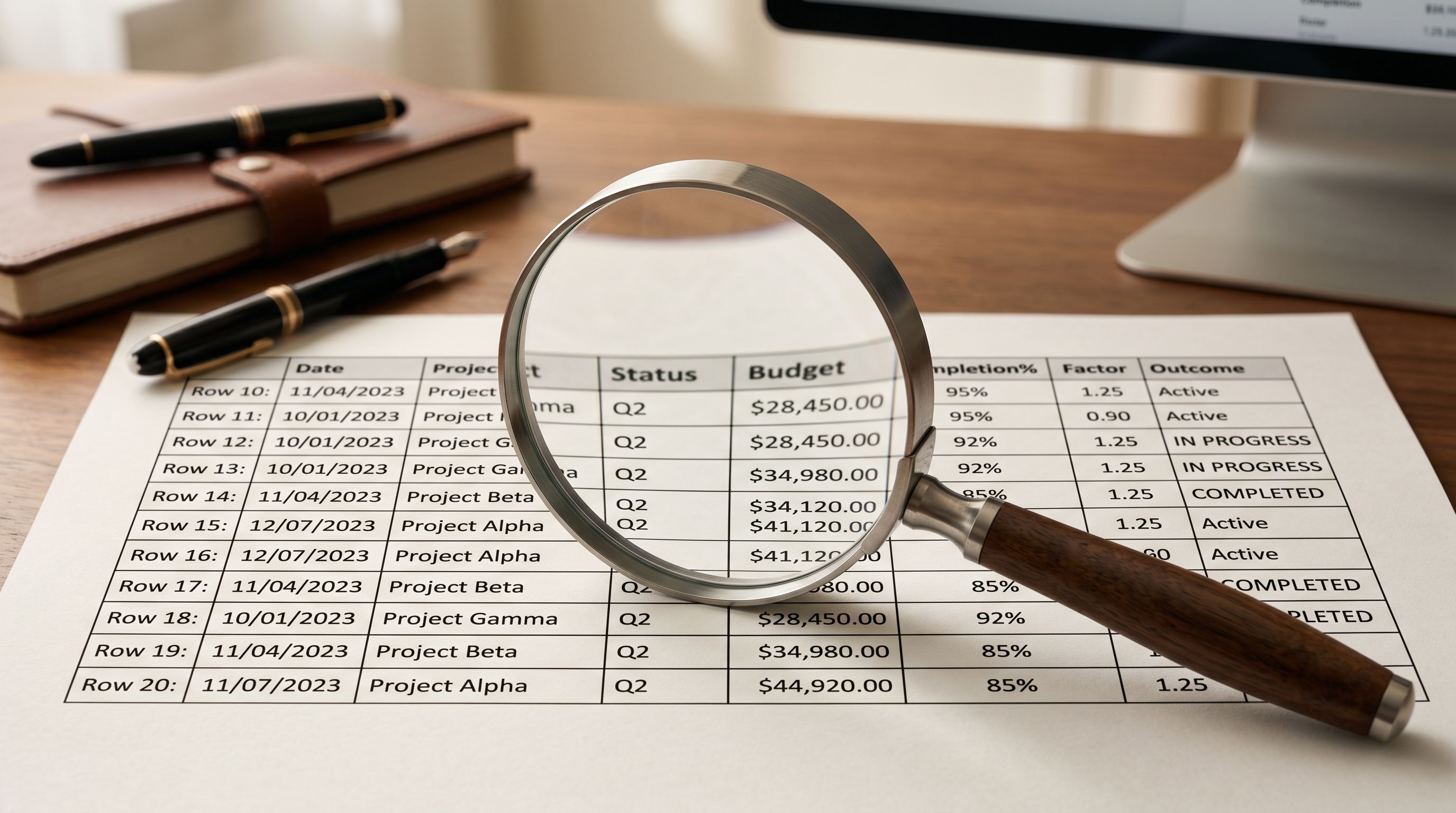 A magnifying glass placed on top of a printed data table on white paper, focused on a specific row.