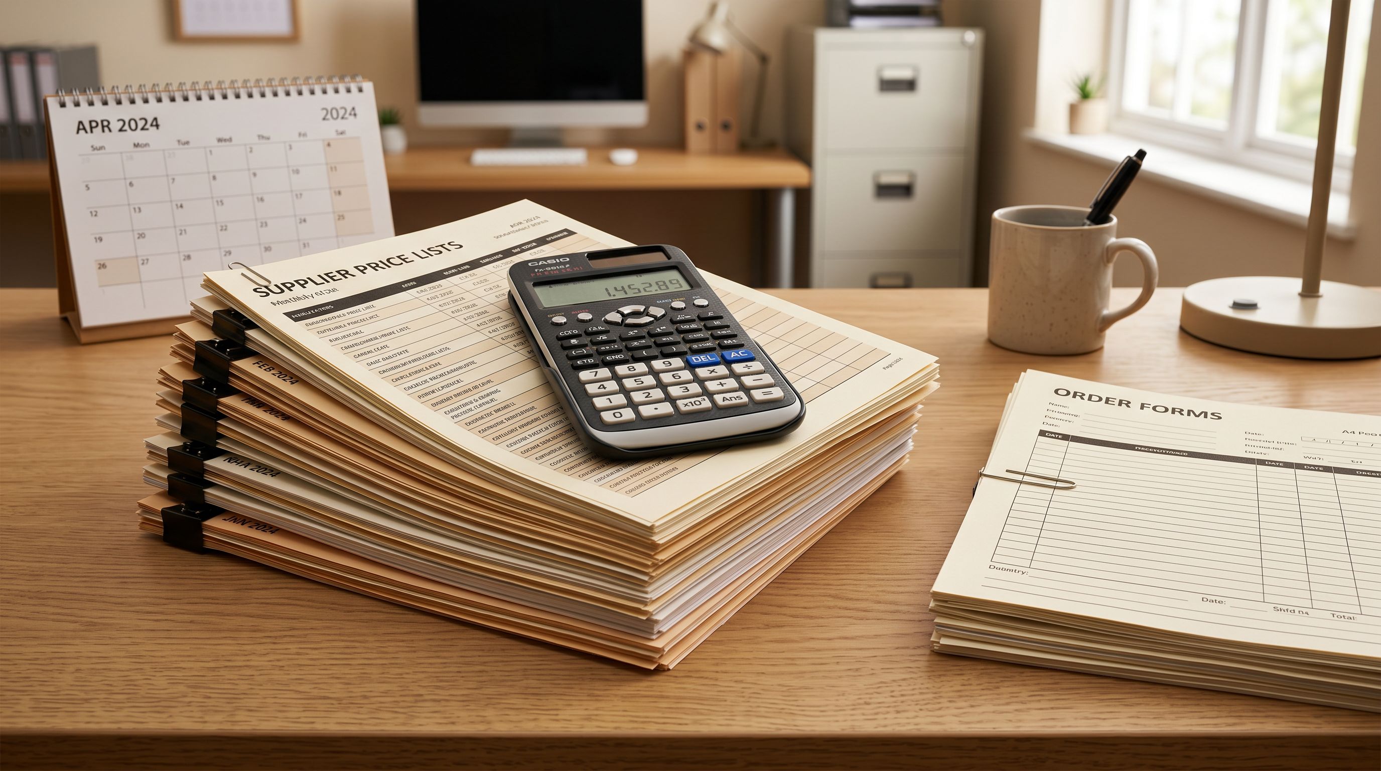 Stack of printed supplier price lists on a retail desk with a calculator and stapled sets of order forms organised by date.