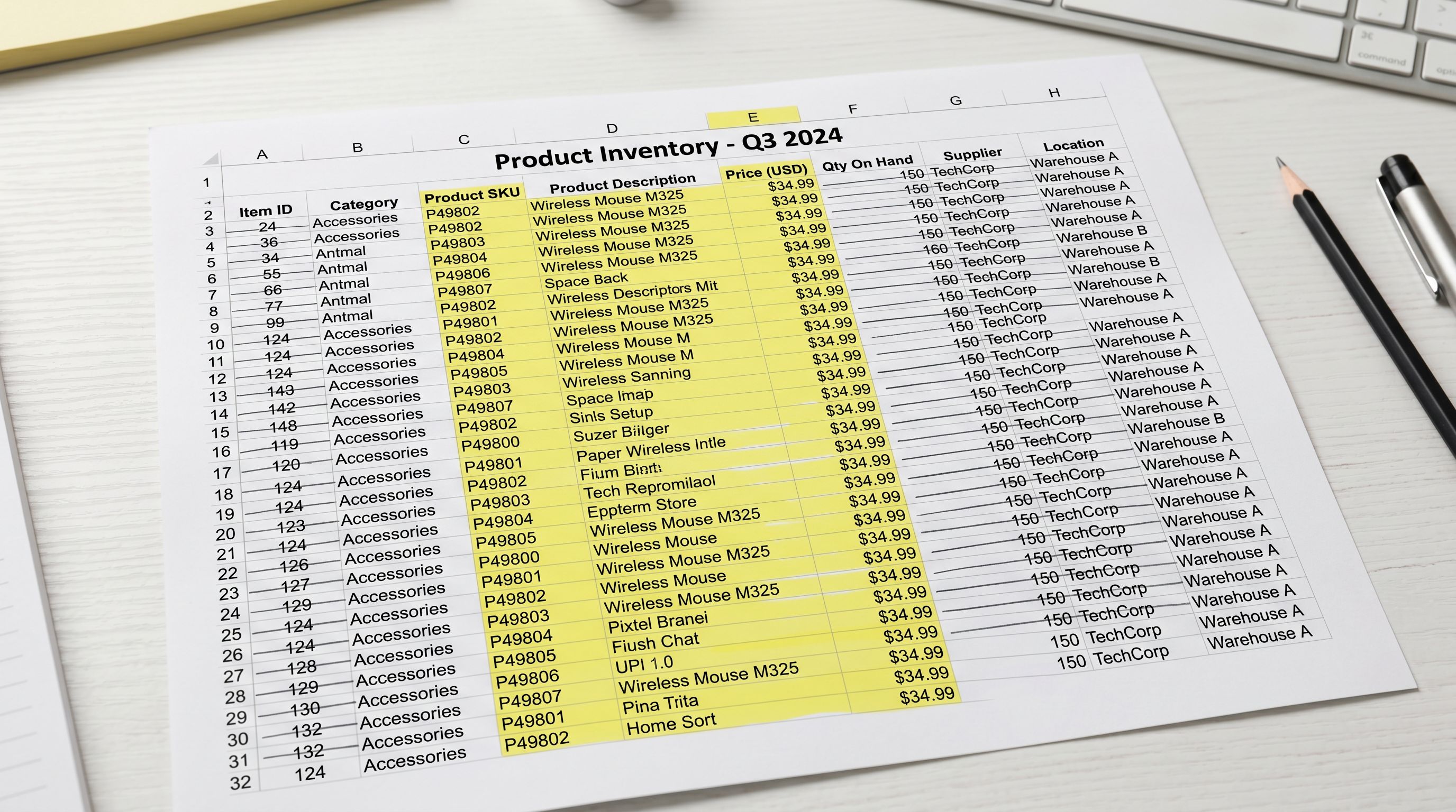Printed price update spreadsheet with three columns highlighted in yellow (SKU, cost price, retail price) and remaining columns crossed out in pencil.