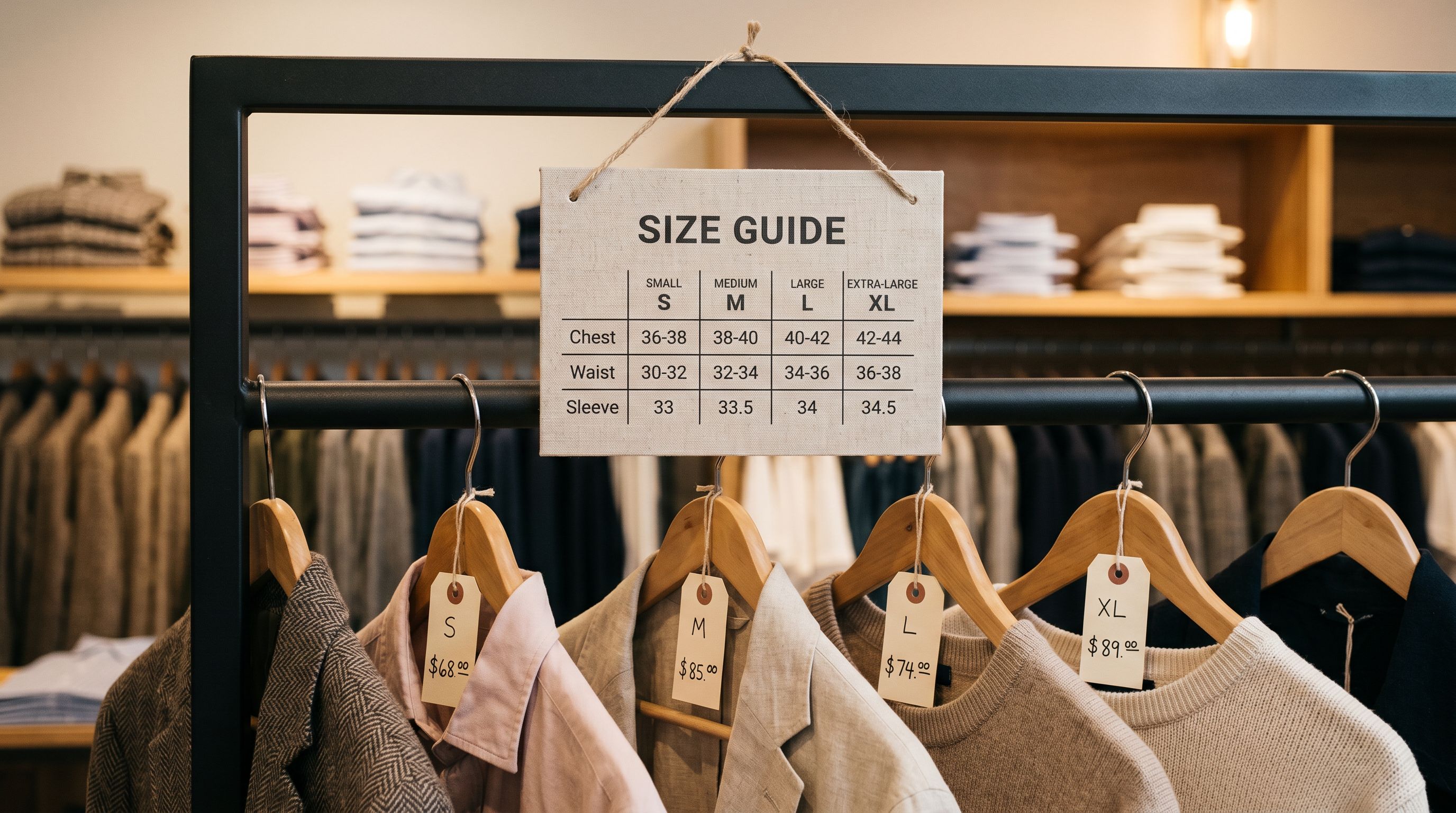 Close-up of a clothing size chart hanging on a retail display rack with various size tags visible at different price points.
