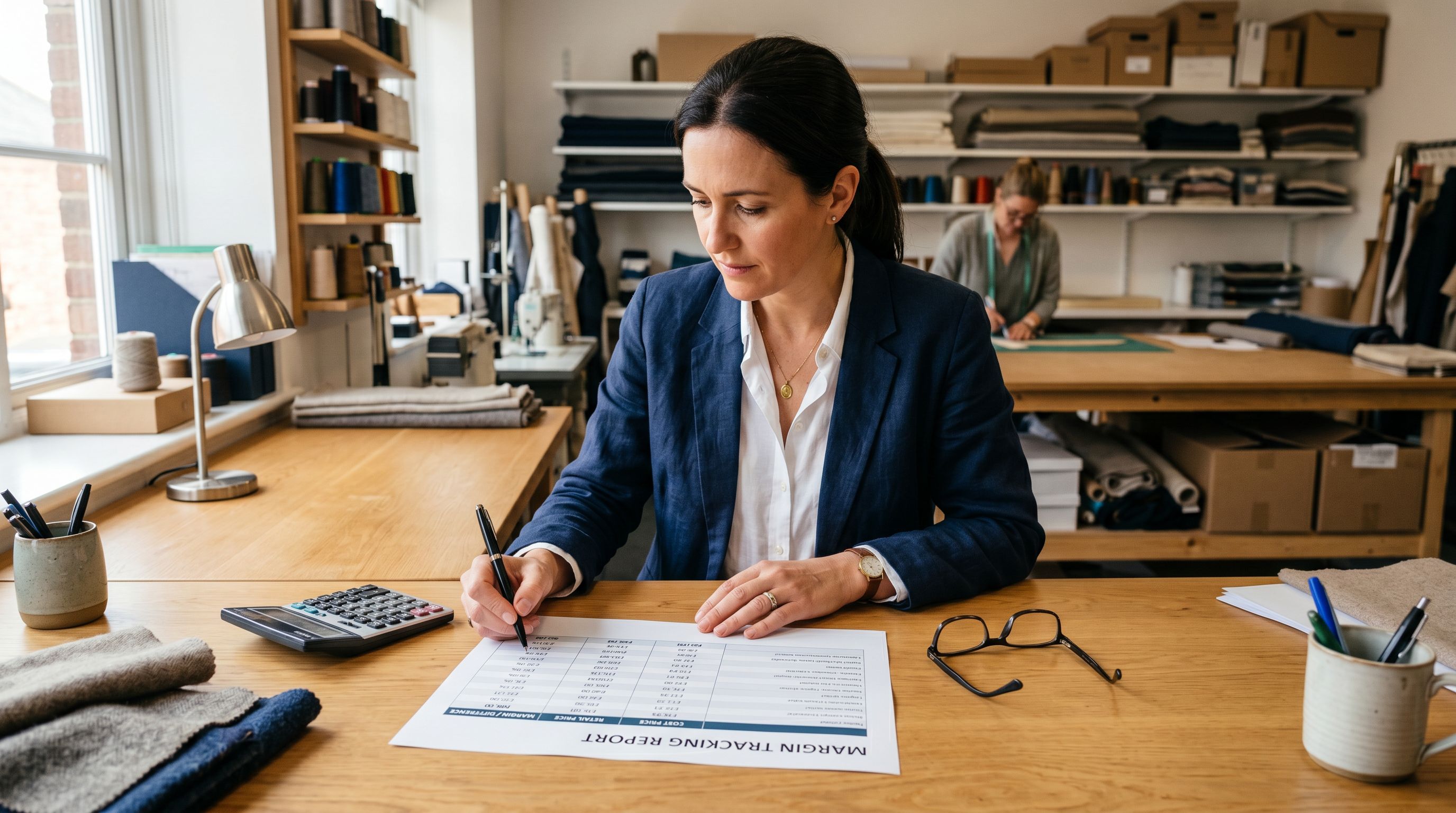 Business owner at a workbench reviewing a printed margin tracking report with product cost and retail price columns side by side.