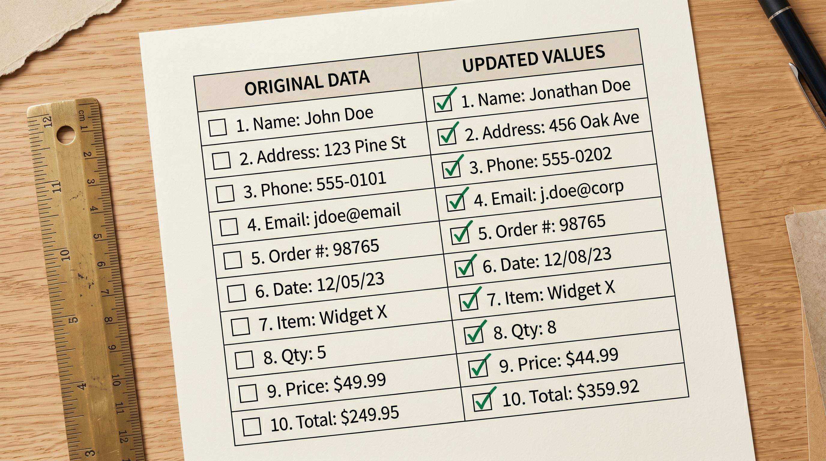 Checklist document on a light desk with two columns comparing before and after product data values with tick marks in the after column.