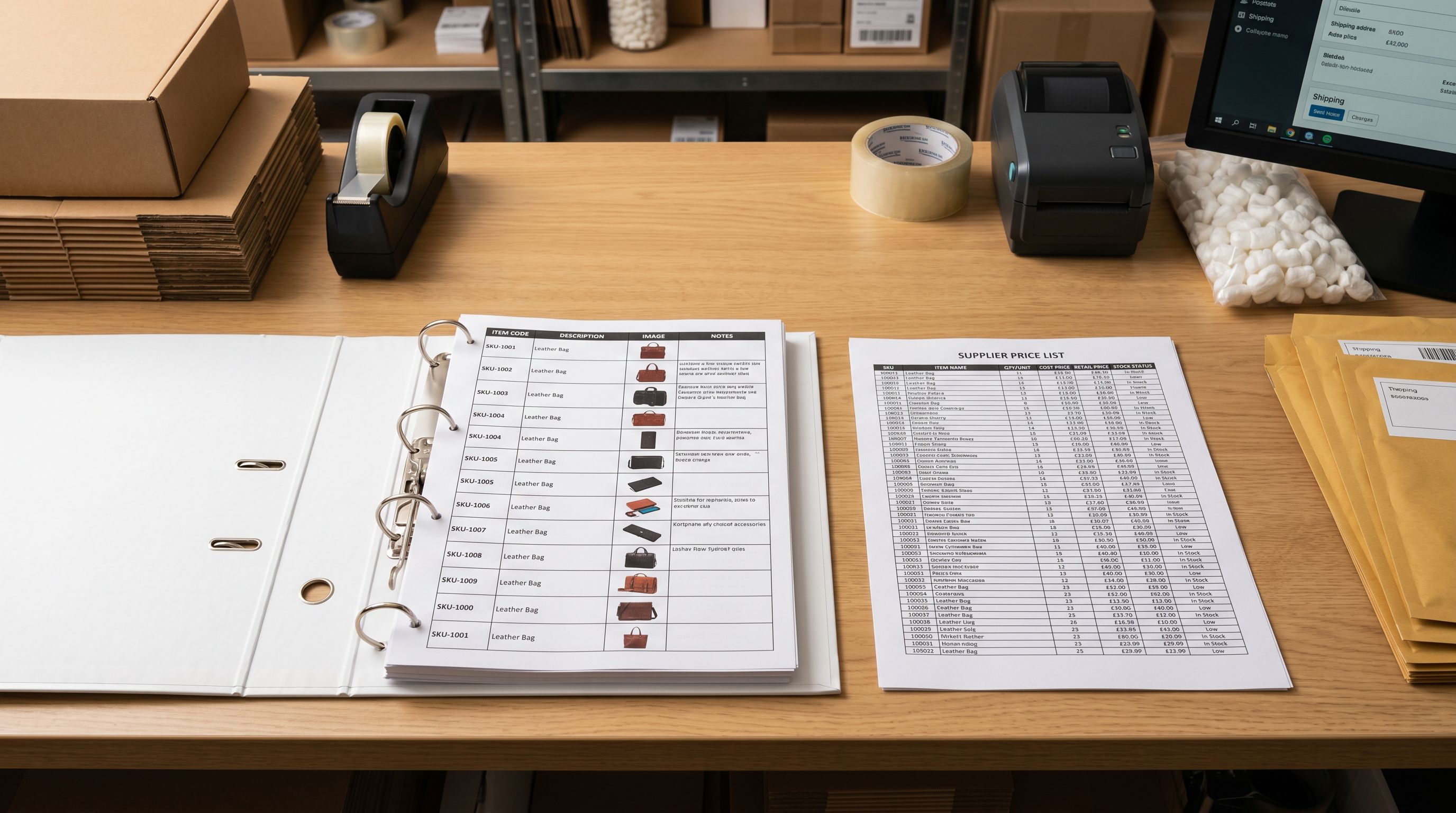 Supplier price list spreadsheet printed on paper beside a product catalogue binder on a retail packing desk.