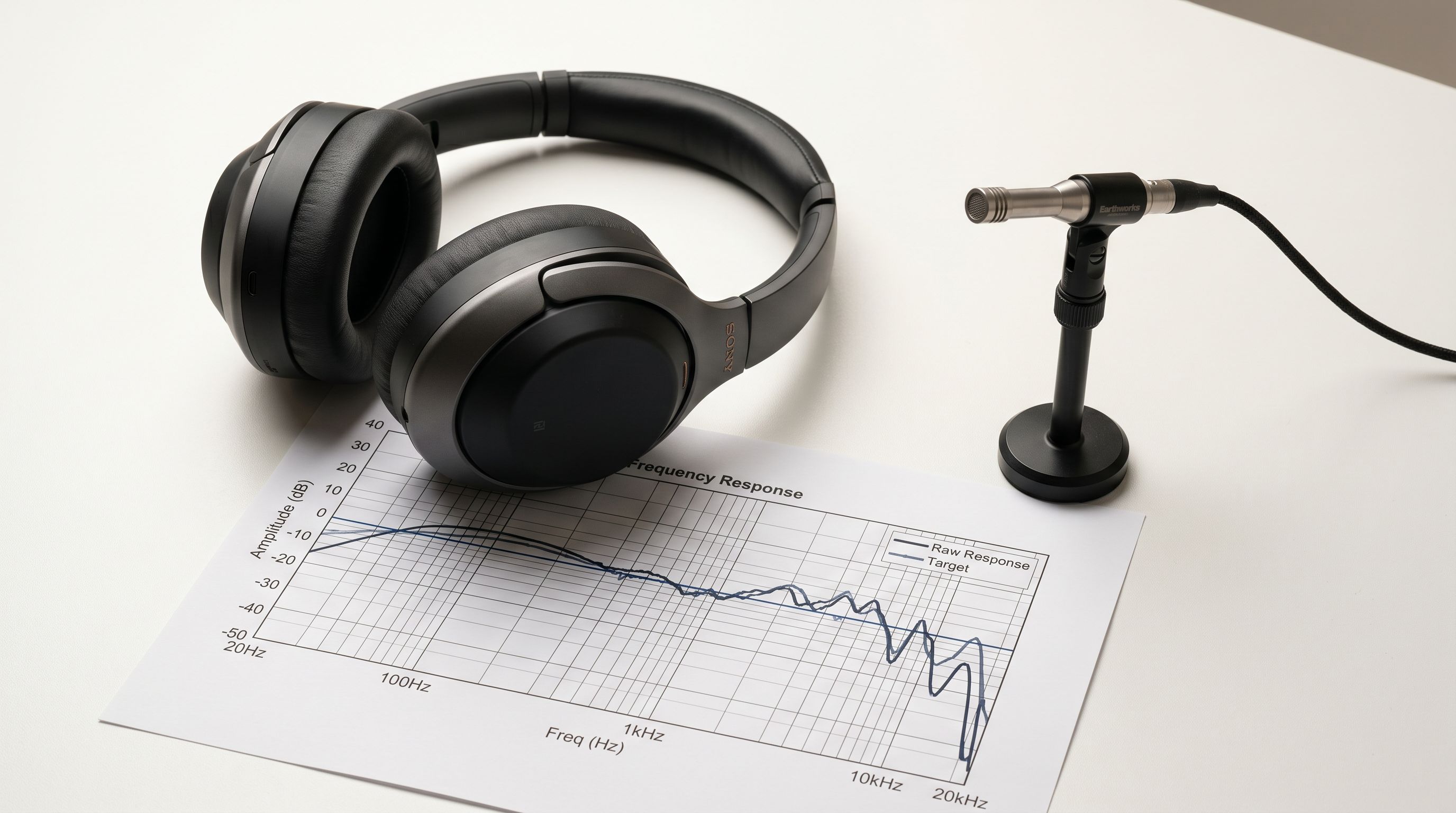 Over-ear wireless headphones on a white table beside a frequency response chart printout and a calibrated measurement microphone.