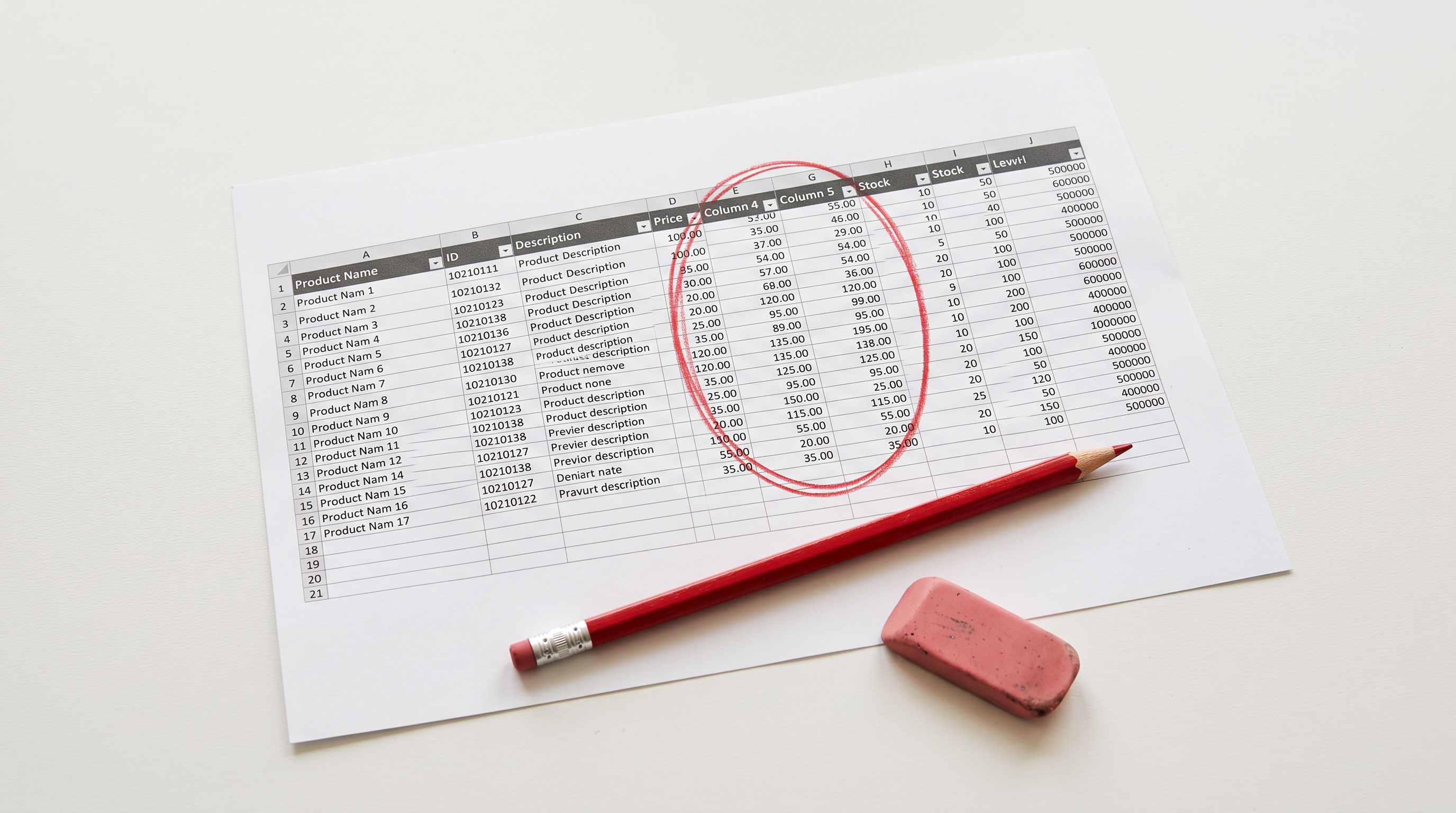 A printed spreadsheet on a white desk with a red pencil circling two adjacent columns that have different heading names for similar data.