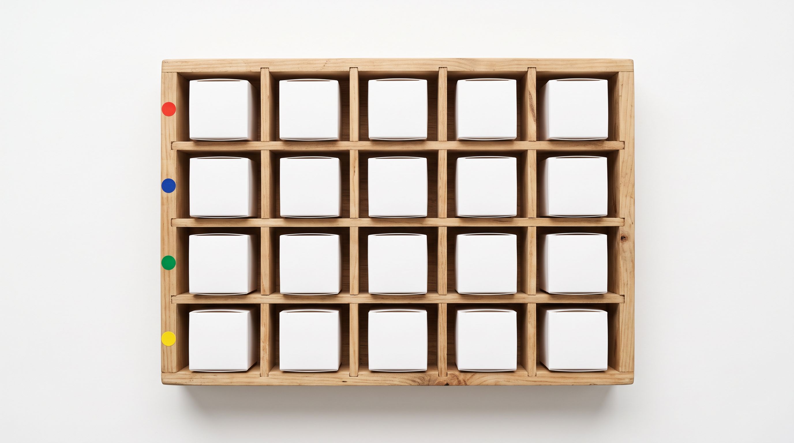Twenty small white product boxes arranged in four rows on a wooden sorting tray, each row marked with a different coloured sticker dot.