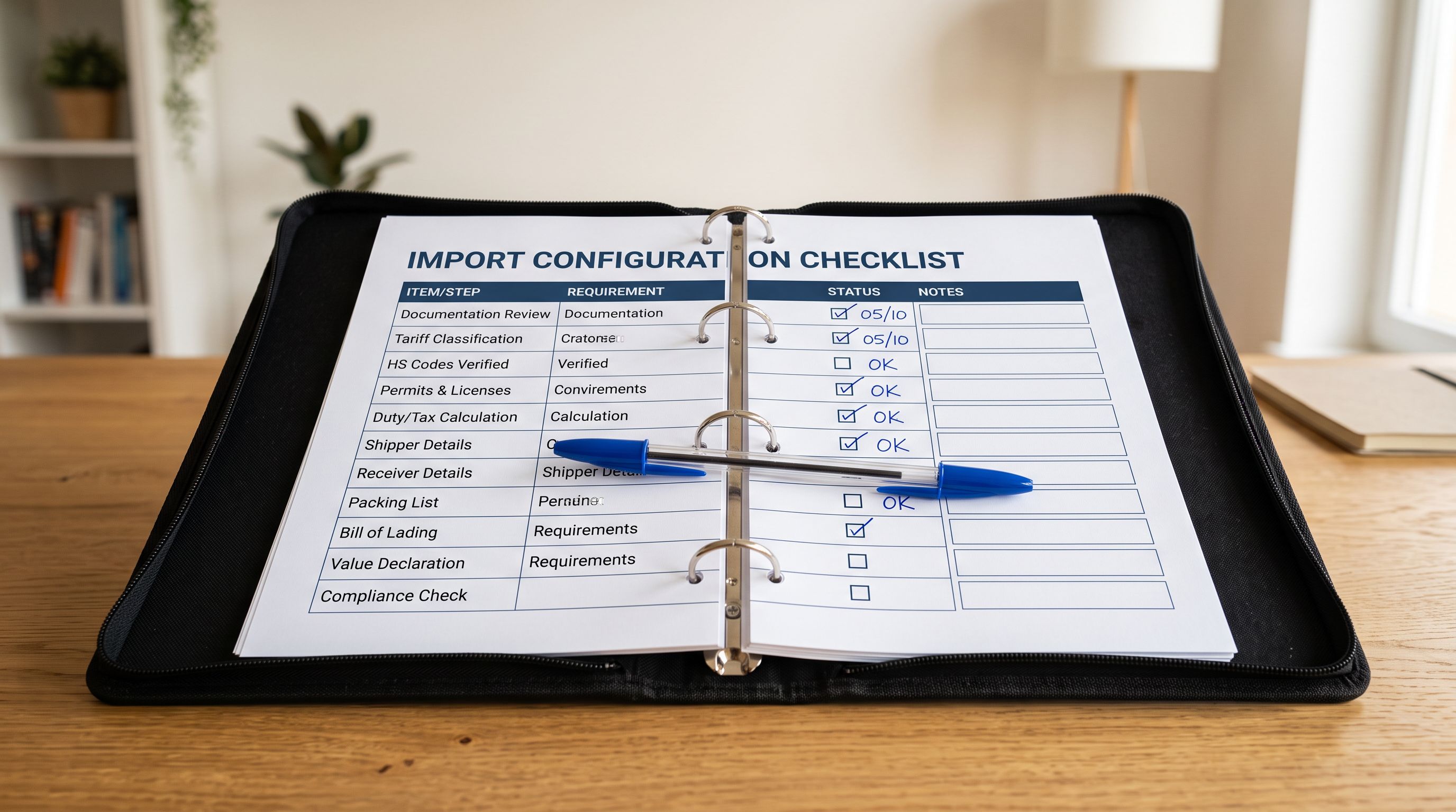 A ring binder open on a desk showing a printed import configuration checklist page with checkbox fields, a blue pen resting across the open binder.