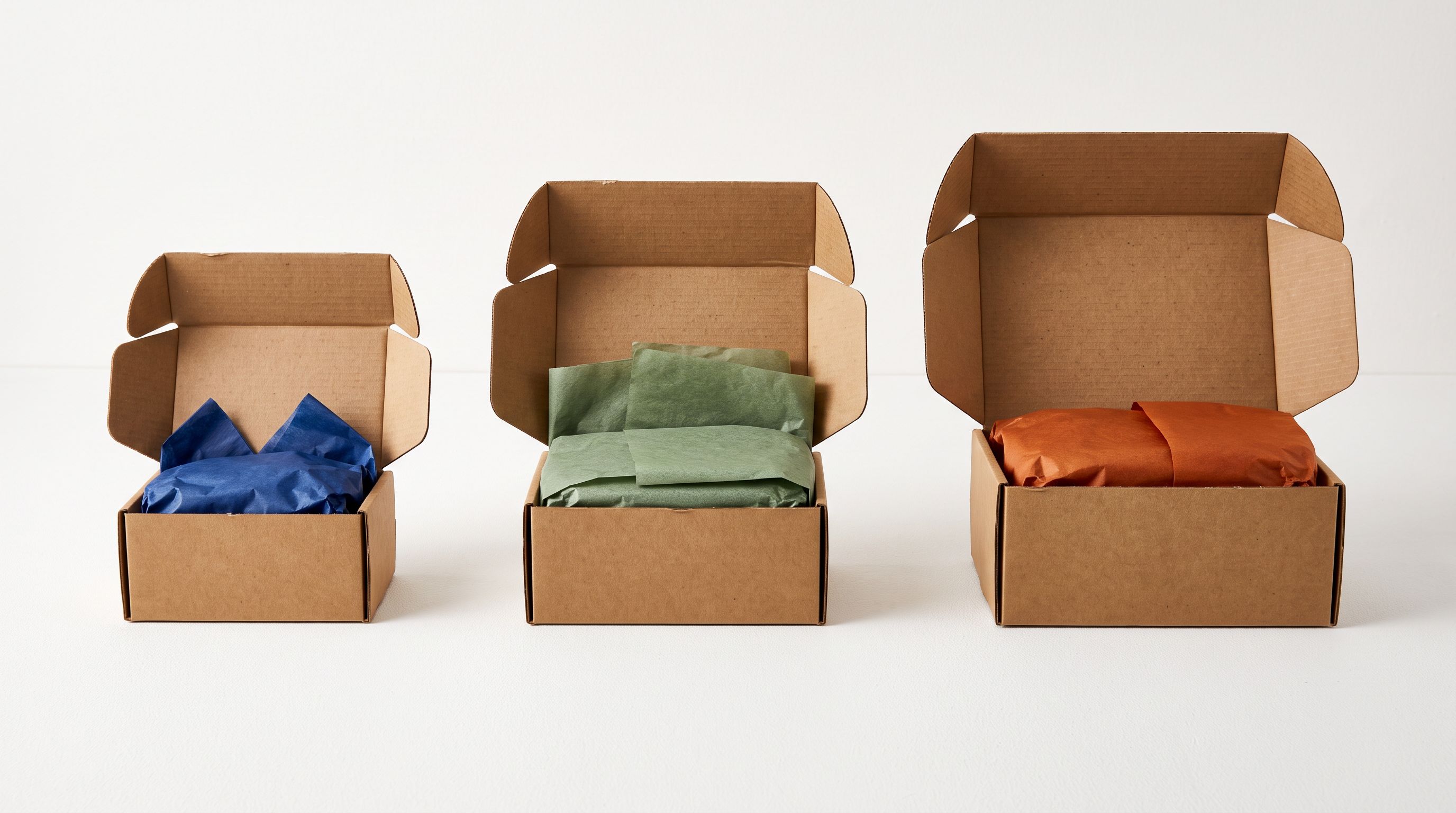 Three small open cardboard shipping boxes in different sizes on a white surface, each containing different coloured tissue paper representing separate product categories.