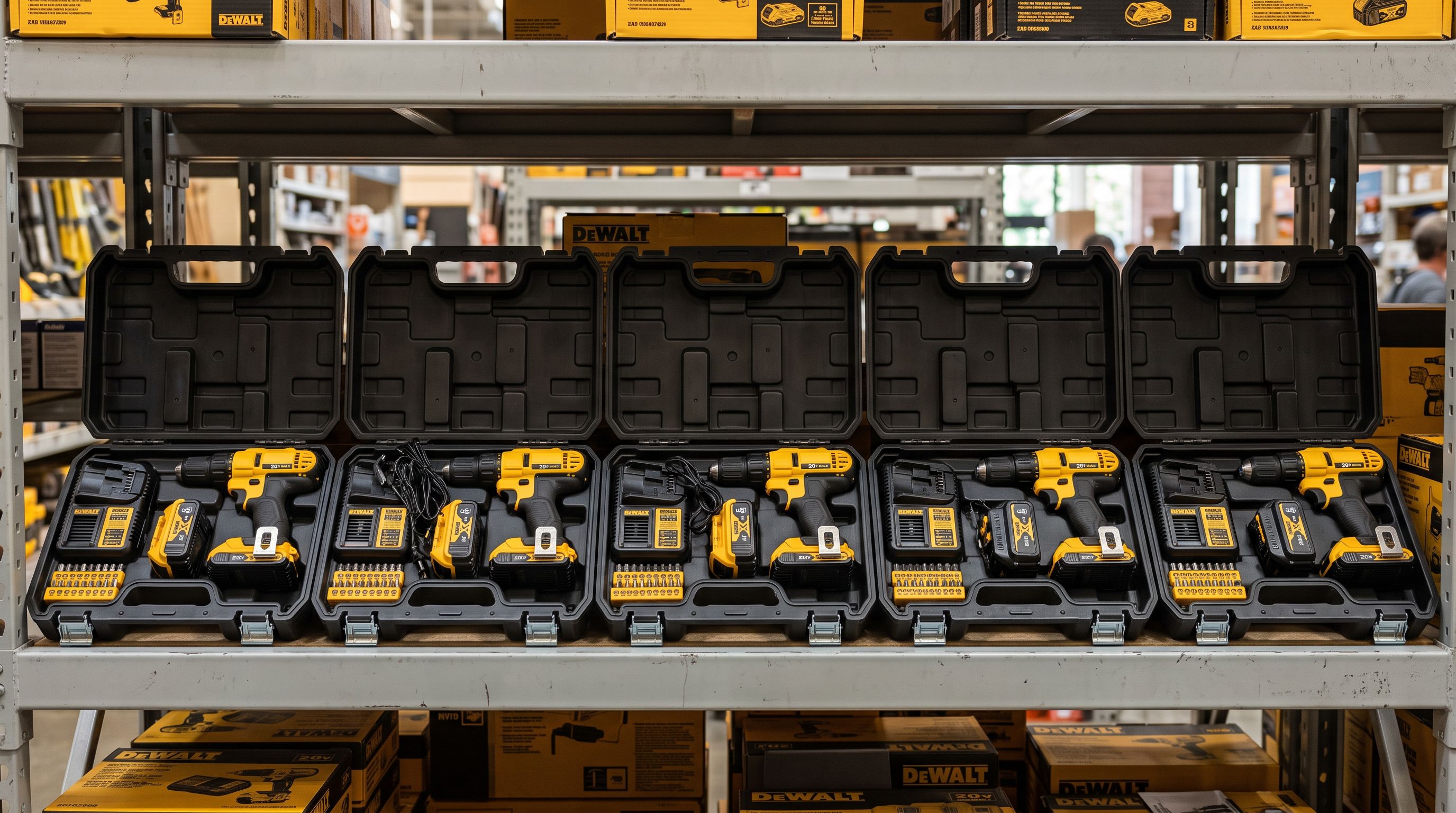 Rows of matching cordless power tools in different colour kit configurations arranged on a retail display rack with clear voltage labels on each unit.