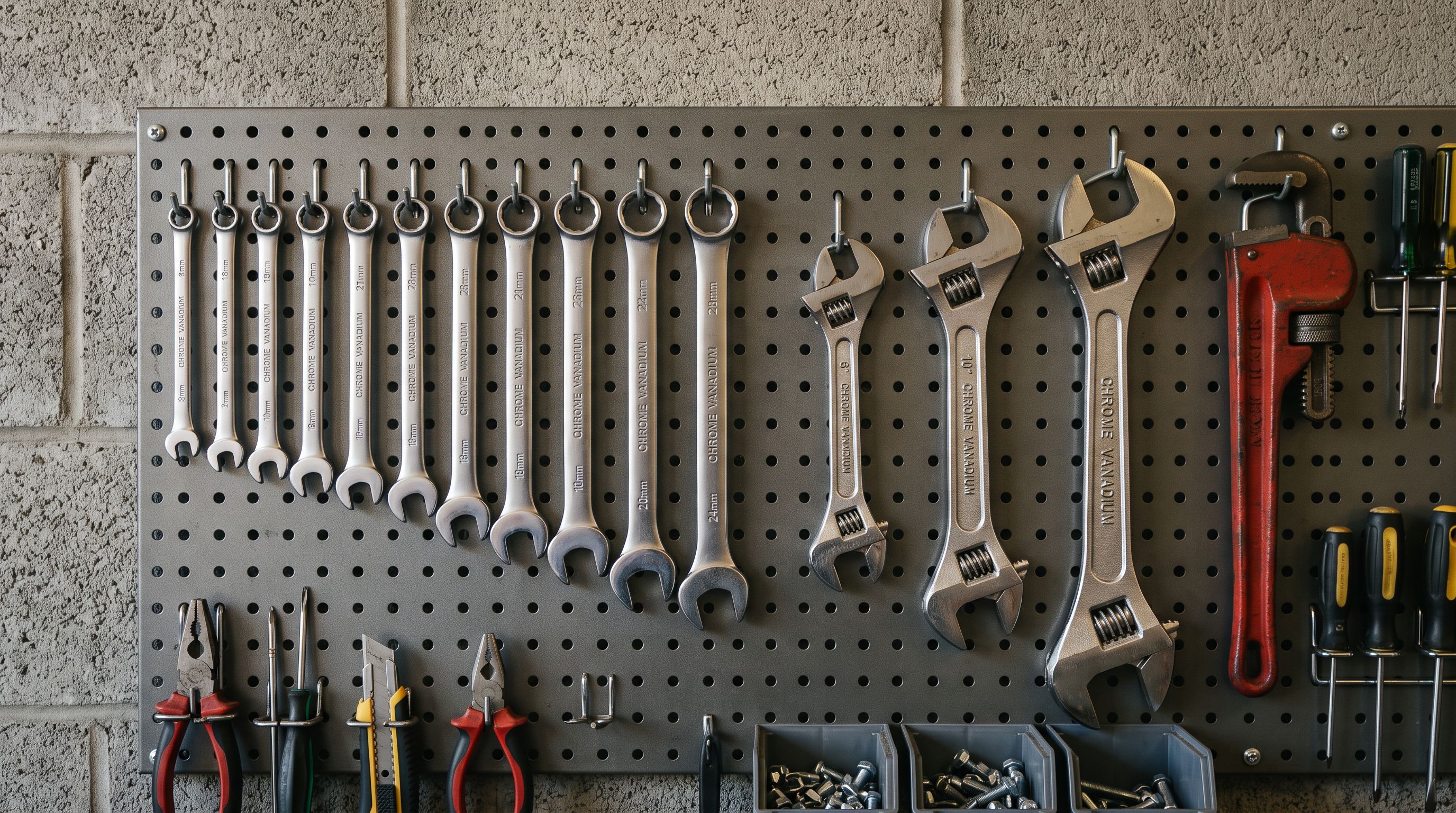 A workshop bench with professional-grade hand tools arranged in a row: a pipe wrench, adjustable spanner, and set of combination spanners on a pegboard.