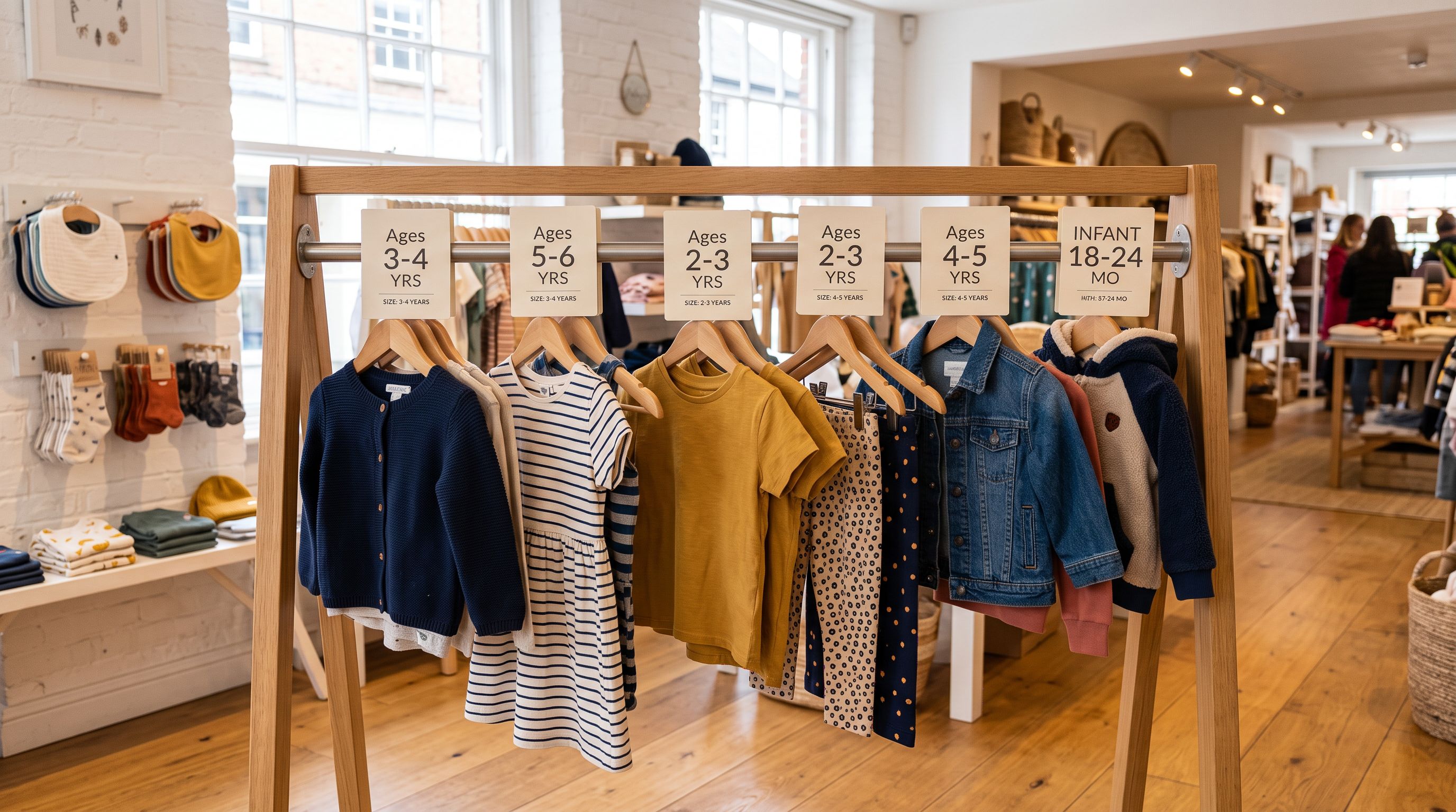 Retail children's clothing rack with small-sized garments and printed size labels hanging in a bright well-lit shop interior.