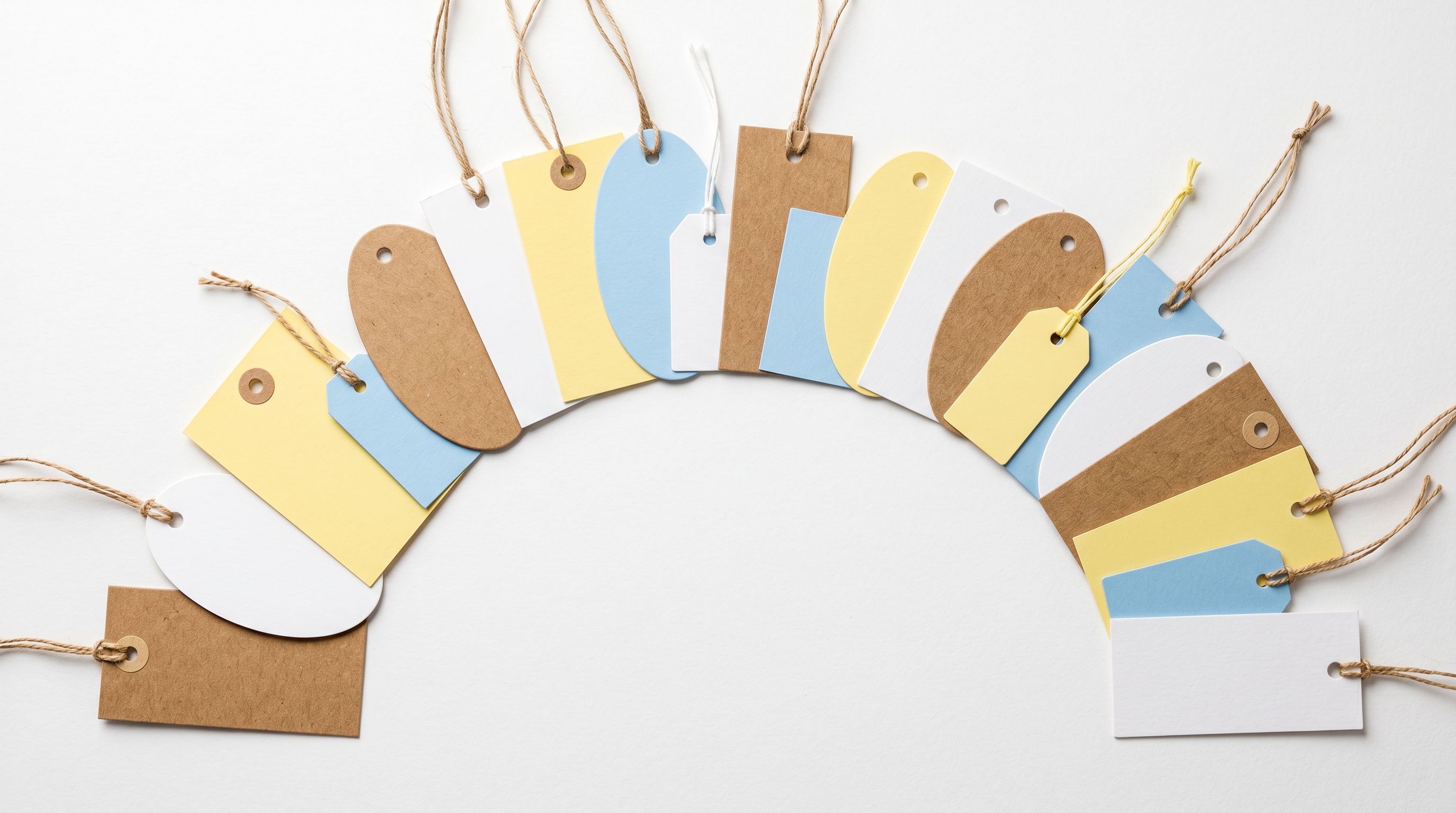 Stack of retail price tags in various colours fanned out on a white surface.