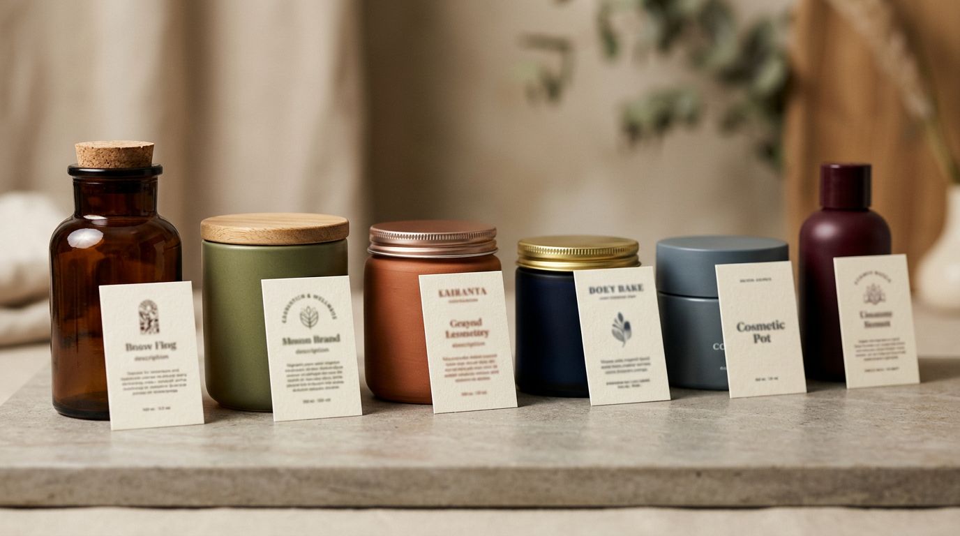 Several product containers in different colours arranged on a clean surface with individual label cards beside each, warm studio lighting from above.