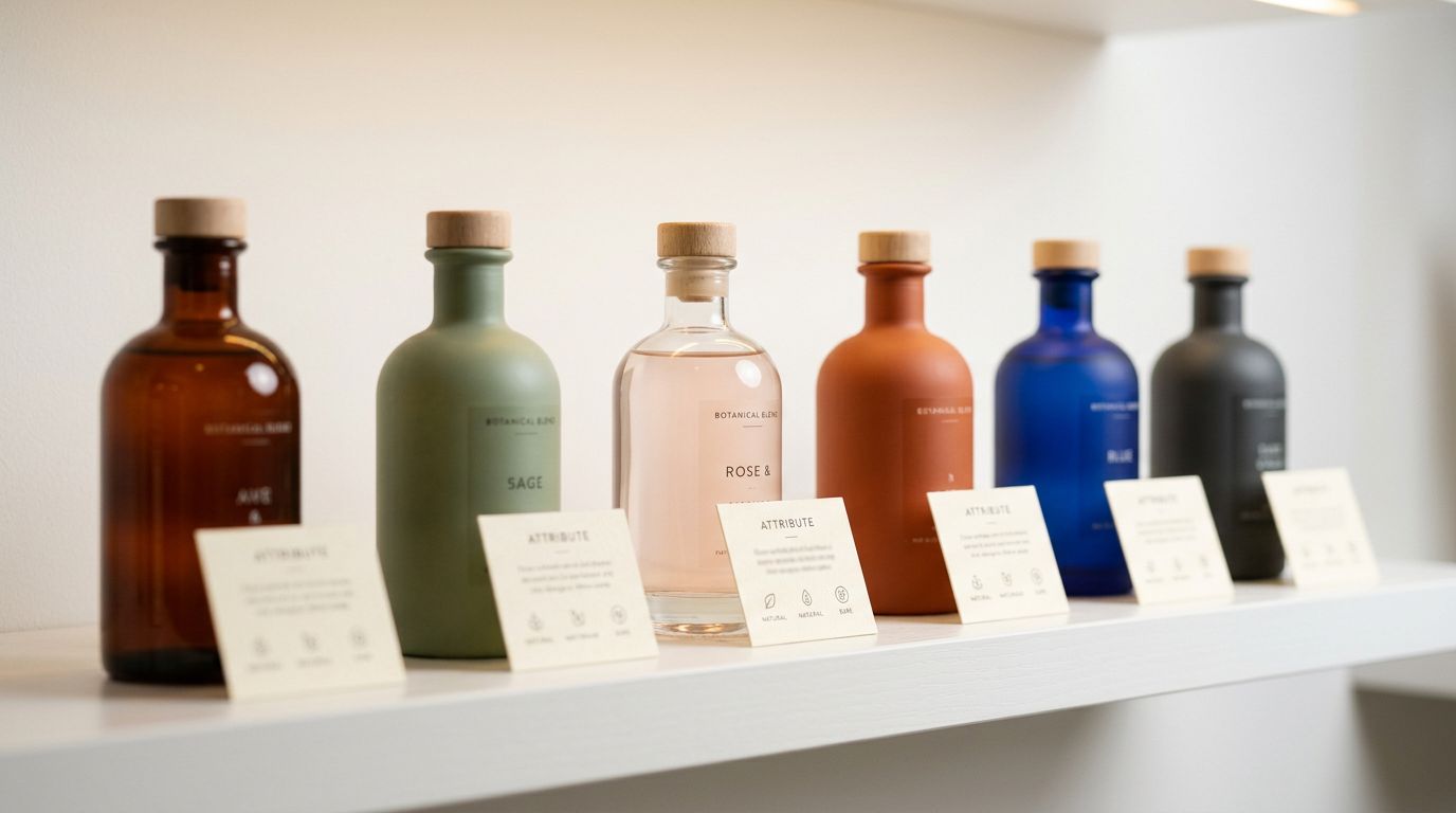 A row of product bottles in different colours arranged on a clean shelf with small printed attribute cards leaning against each, overhead warm studio lighting.