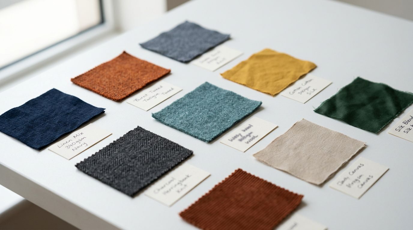 A close-up of fabric swatches in multiple colours laid flat on a clean desk surface with small text labels beside each, soft side lighting.