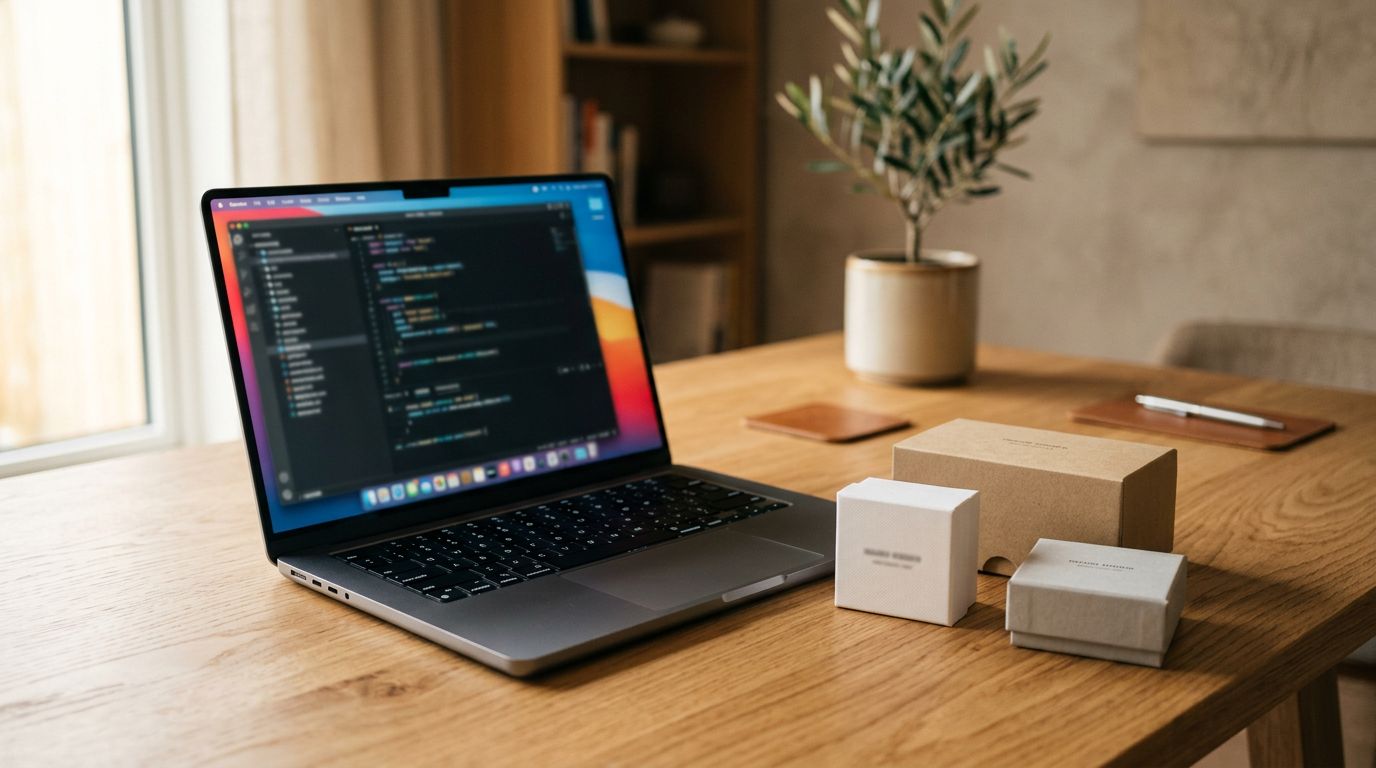 A laptop open on a clean wooden desk beside a small stack of product boxes, soft warm studio lighting from the side.