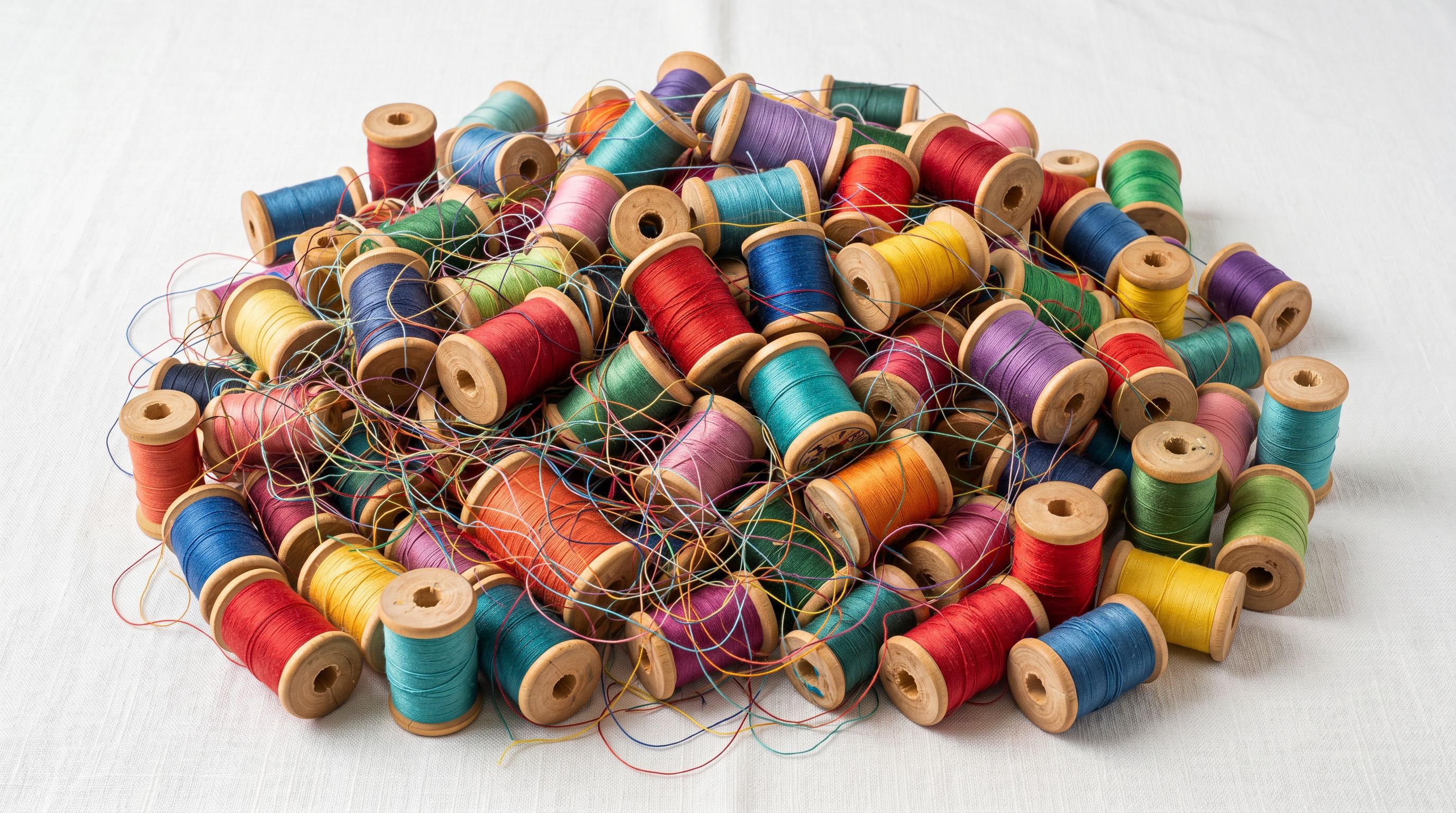 Colourful craft thread spools jumbled together representing unsorted variant data before grouping.