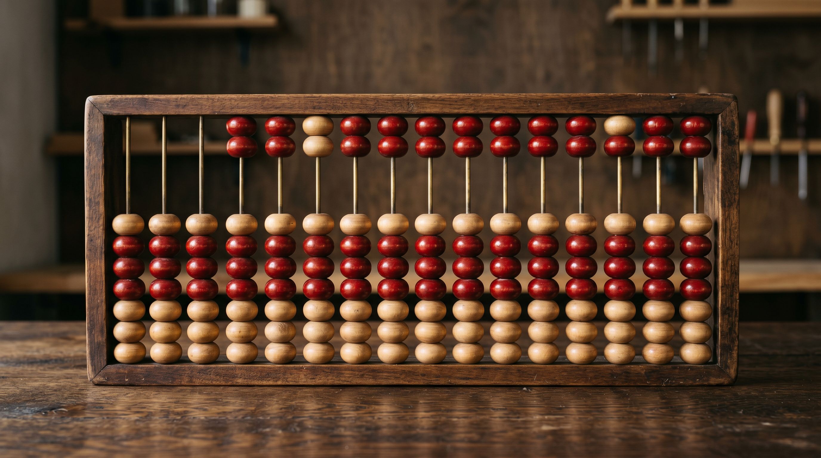 Vintage wooden abacus with alternating red and natural beads representing manual data organisation.