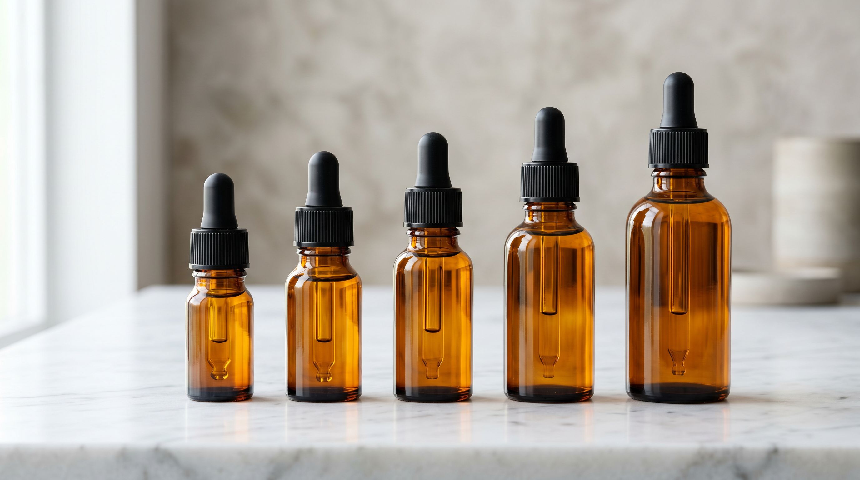 Amber glass dropper bottles arranged in ascending height sequence on a white marble surface.