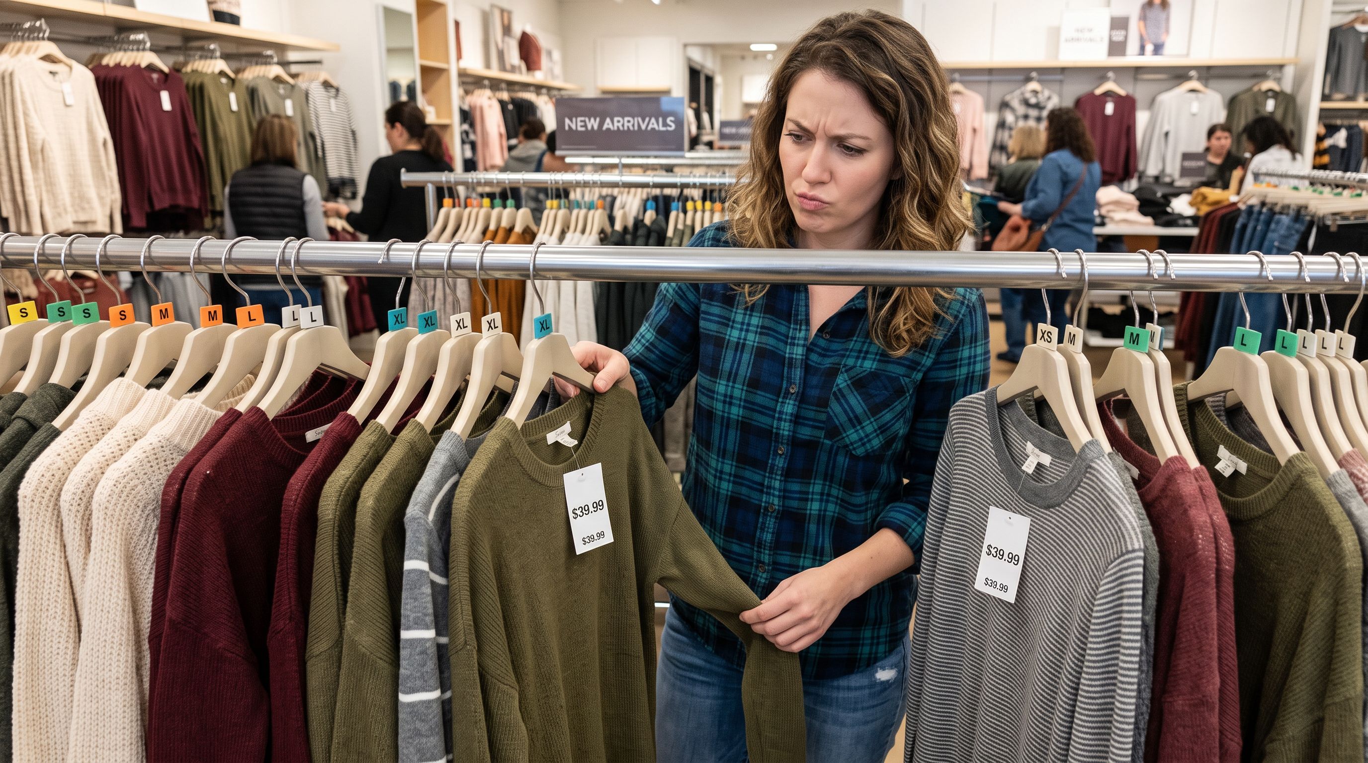 Retail display rail with clothing in multiple sizes each tagged with a different size label but all showing the same incorrect price, a customer comparing two size tags