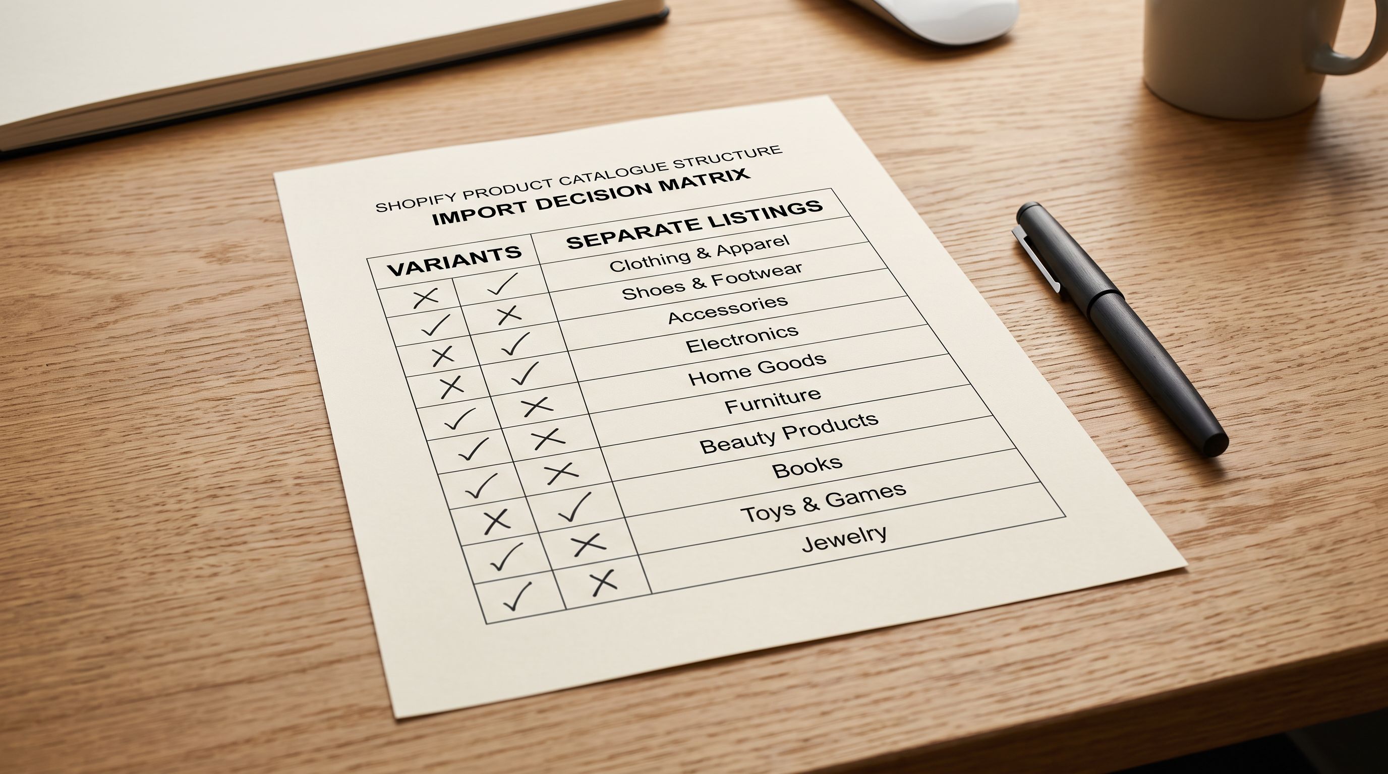 A printed product decision matrix on a clean wooden desk showing two columns labelled variants and separate products with product category examples assigned to each column, representing the structural import decision for a Shopify catalogue.