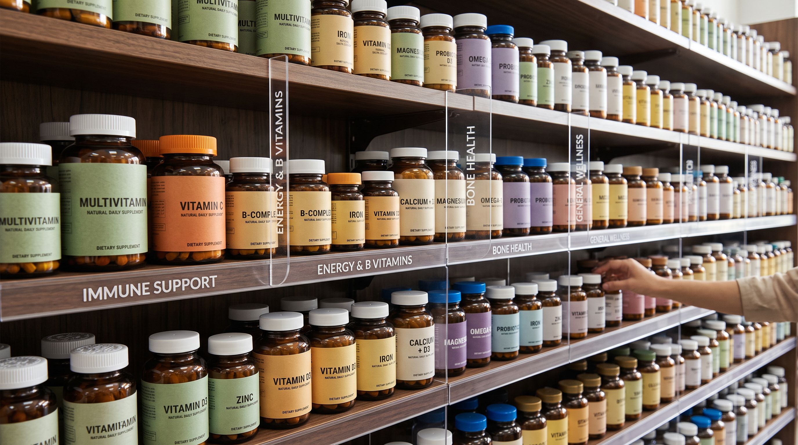 Vitamin and supplement bottles in multiple flavour varieties lined up on a pharmacy retail shelf with clear product category dividers between flavour sections.