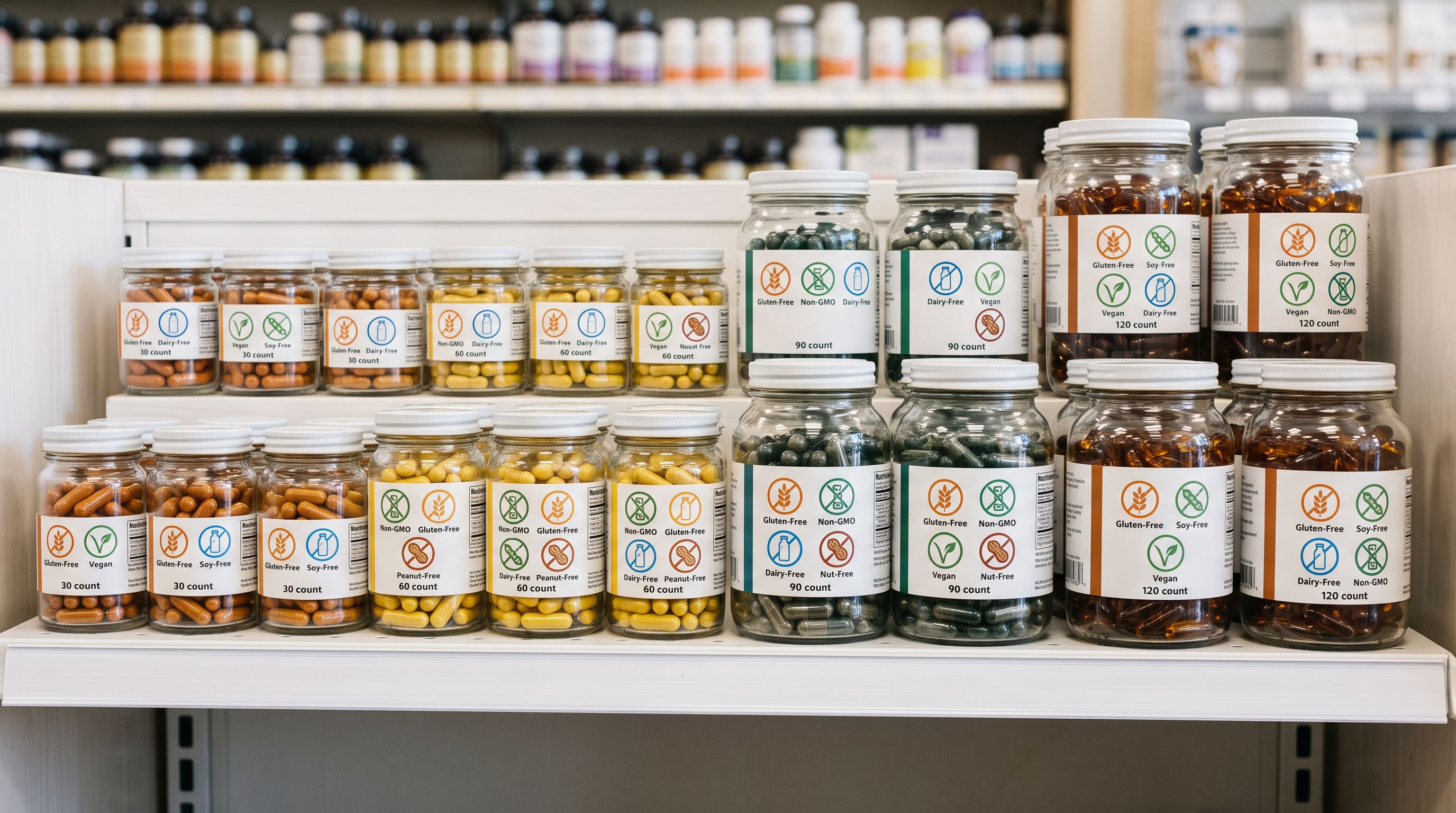 Rows of capsule supplement jars in different sizes on a white retail shelf with allergen indicator labels visible on the front panels of each jar.