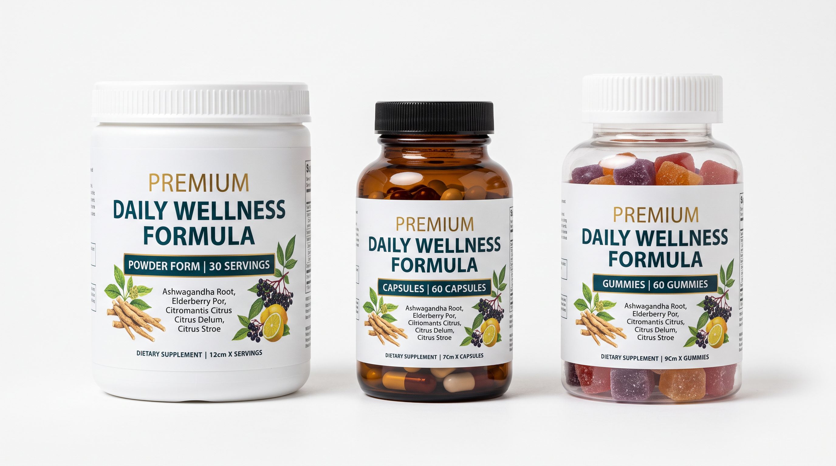 Three supplement product containers showing the same formula in powder canister, capsule bottle, and gummy jar arranged side by side on a clean white surface to show three different supplement forms.