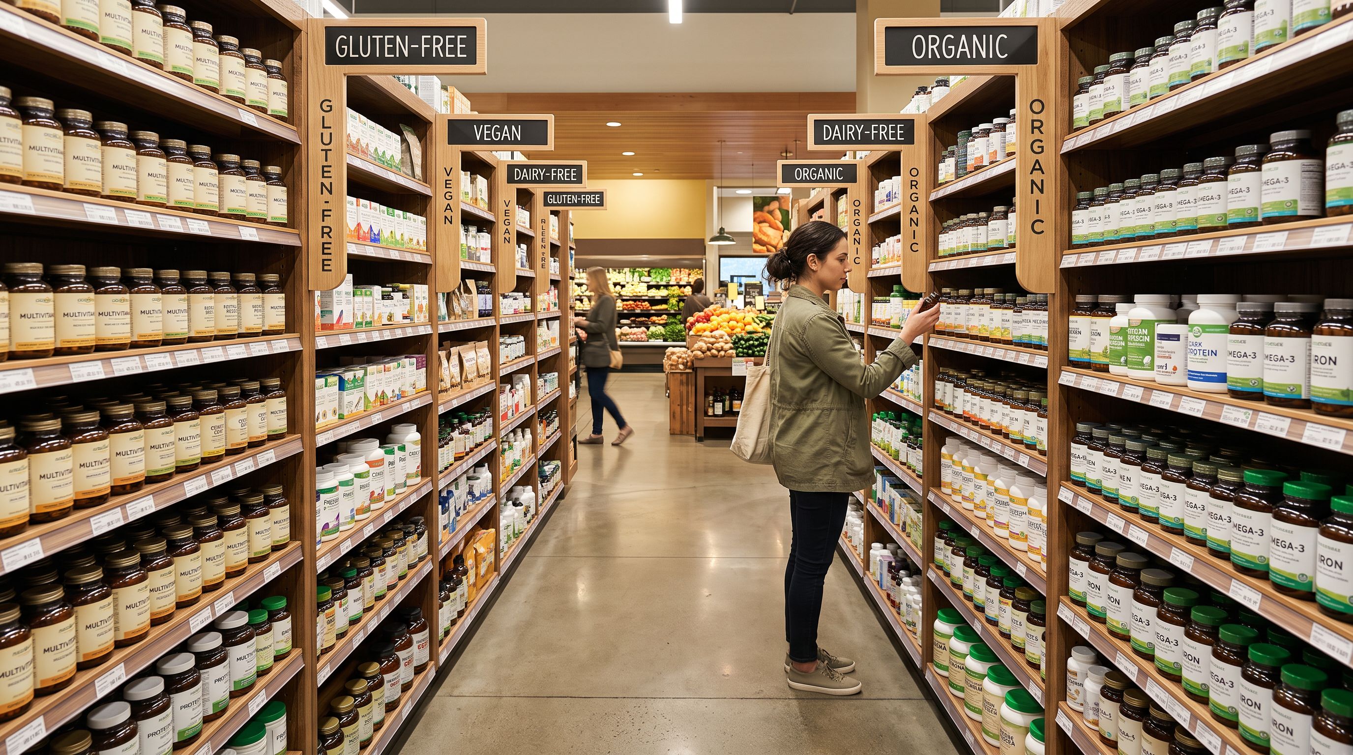 A health food store section with supplement products organised by dietary certification showing vegan and gluten-free product groupings on dedicated labelled shelf sections with clear dietary icon placards.