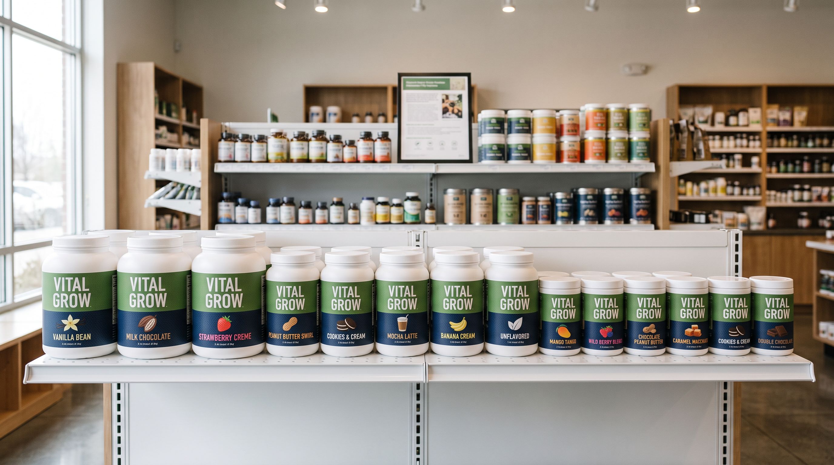 A row of supplement product containers in different flavours and sizes arranged on a clean white shelf in a health retail store.