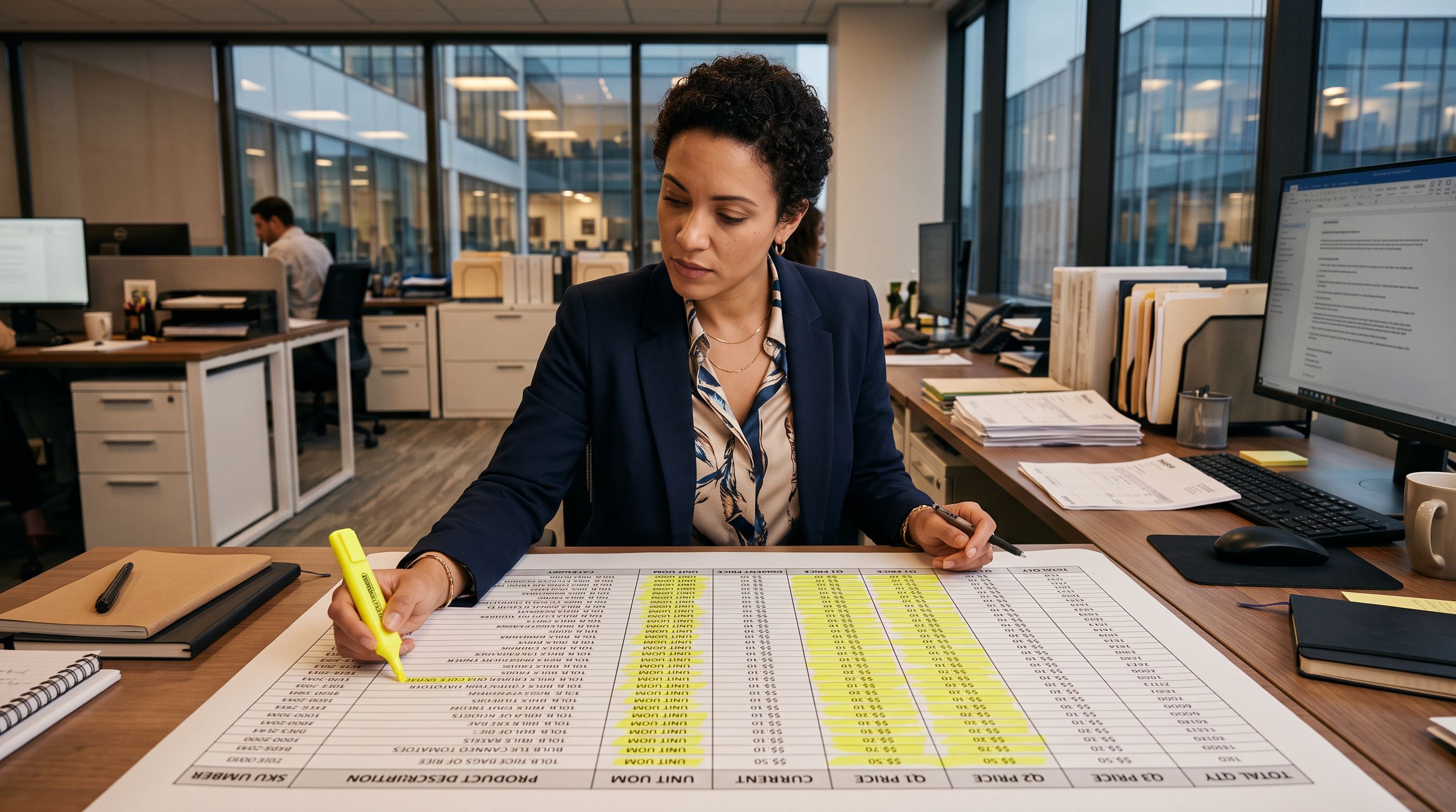 Wholesale procurement manager at a workstation reviewing a printed supplier pricing sheet with nine column headers visible across the top including Wholesale Cost, Trade Price, RRP, MSRP, and two volume break price columns, with a highlighter marking which columns to map to Shopify.