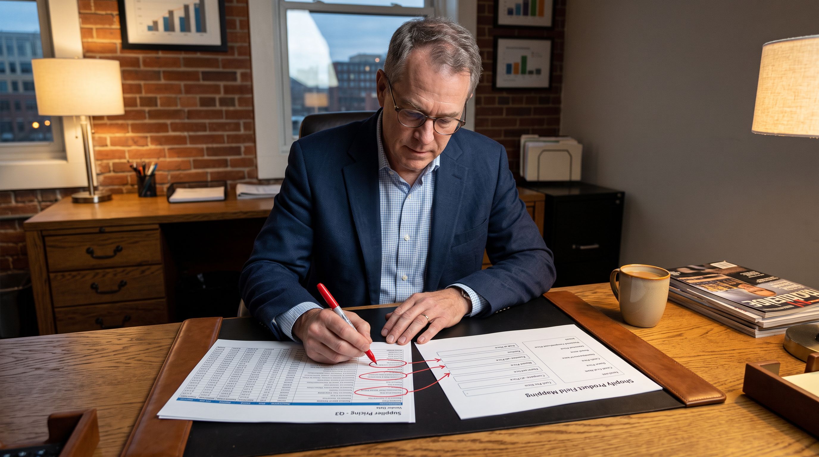 Wholesale distributor at a large desk reviewing a printed supplier pricing spreadsheet showing multiple price columns for each product alongside a Shopify product data mapping reference chart