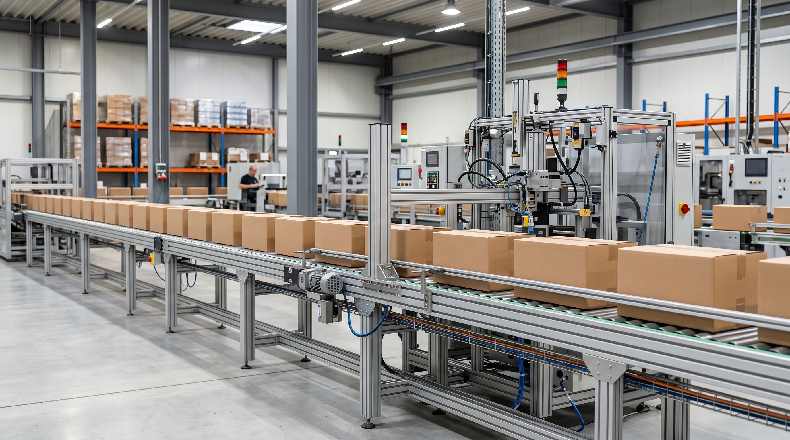 Industrial conveyor belt moving evenly spaced product boxes through a warehouse processing station.