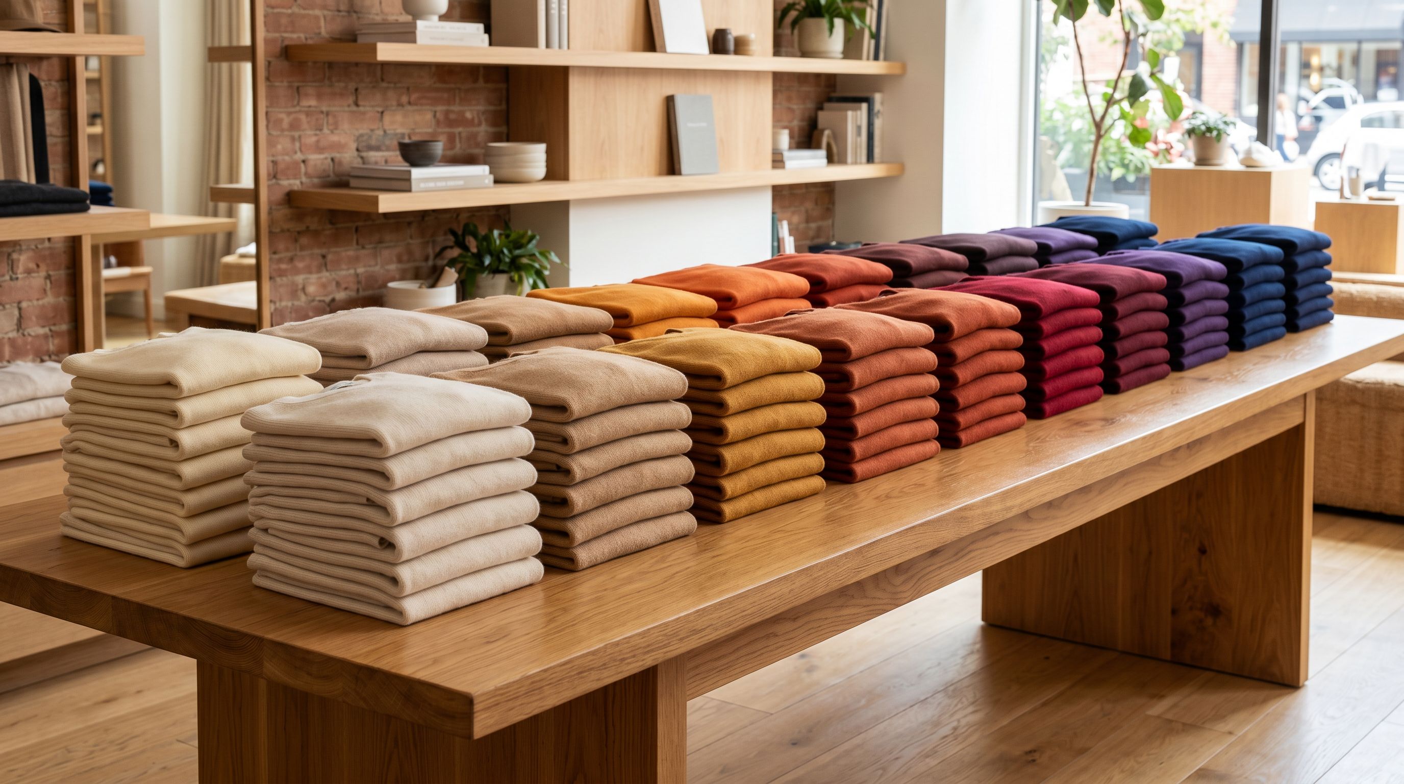 Retail display table with identical garments arranged in a precise colour gradient sequence from cream to deep navy.