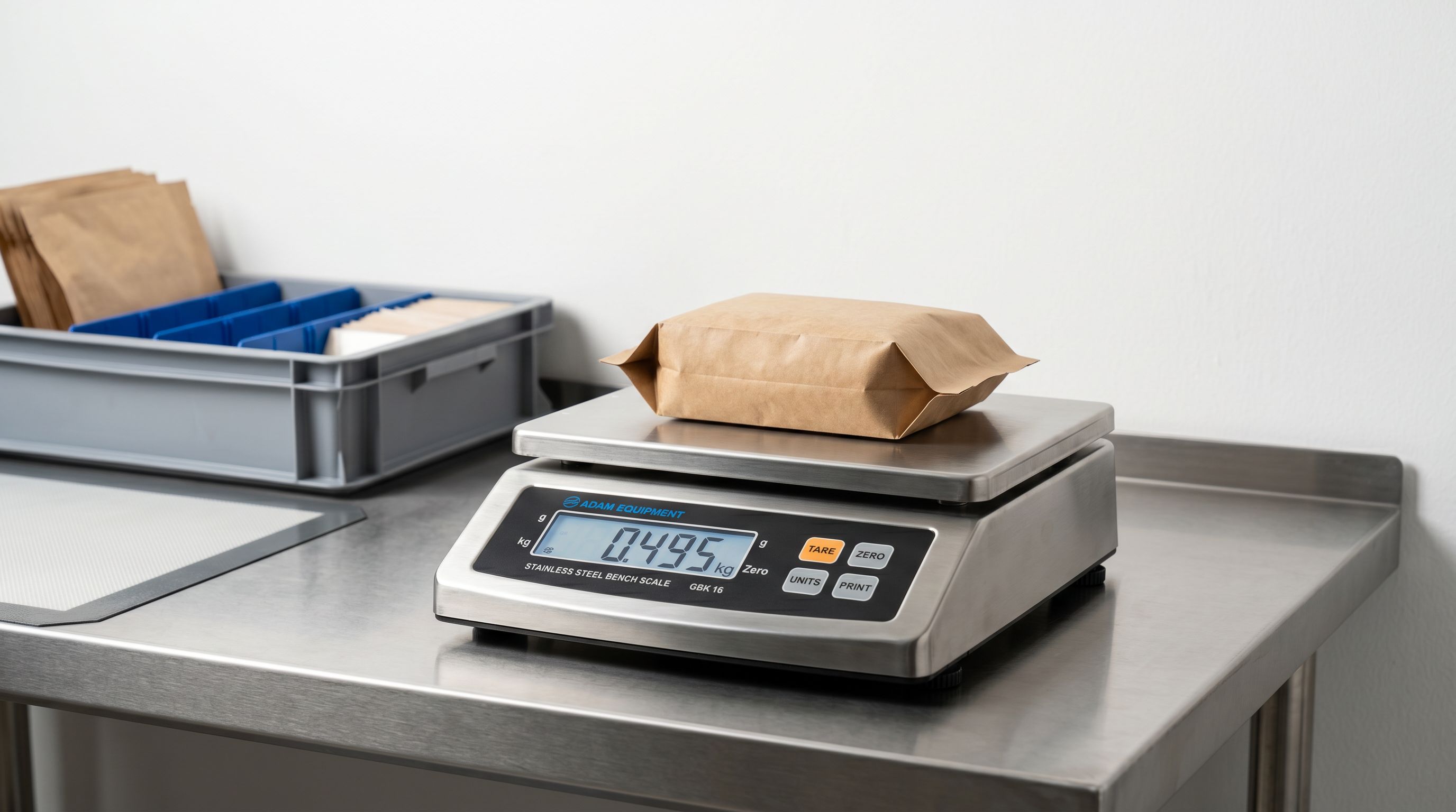 Stainless steel precision bench scale with a sealed product package on the weighing platform.